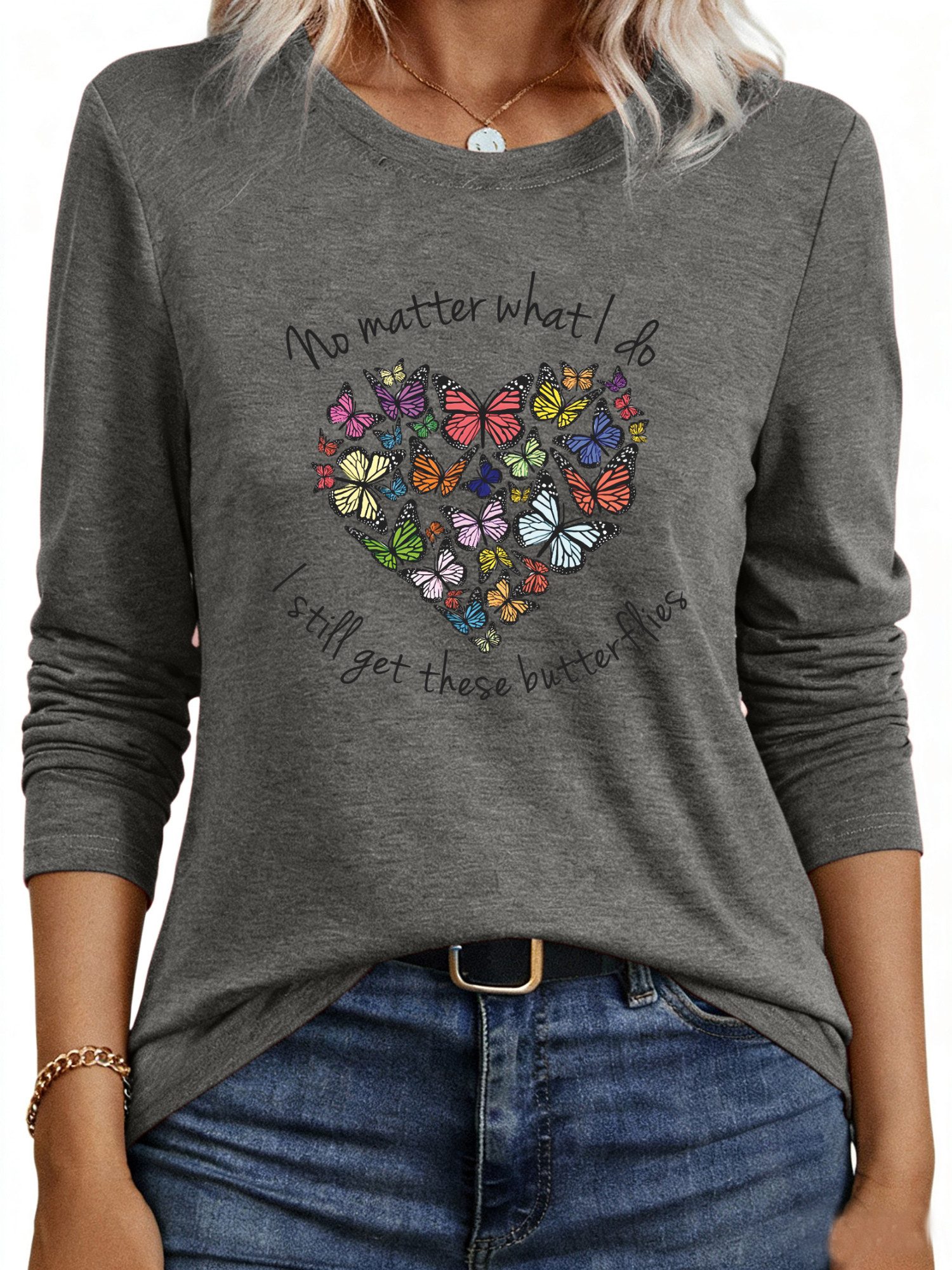 PYLIKE Longsleeve Damen Casual Langarm mit Schmetterling Druck bequemes Run günstig online kaufen