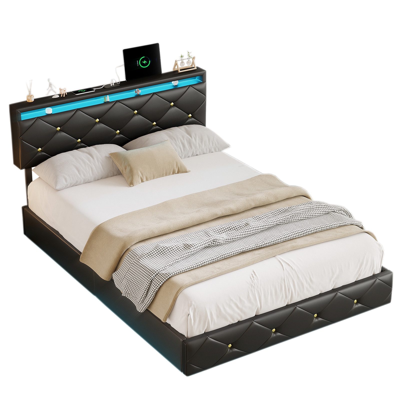 FUROKOY Stauraumbett Schwebebett Bett Jugendbett mit LED-Beleuchtung (Höhenverstellbares Kopfteil mit USB Ladefunktion), Polsterbett Doppelbett 140x200cm mit LED Licht, PU, Schwarz