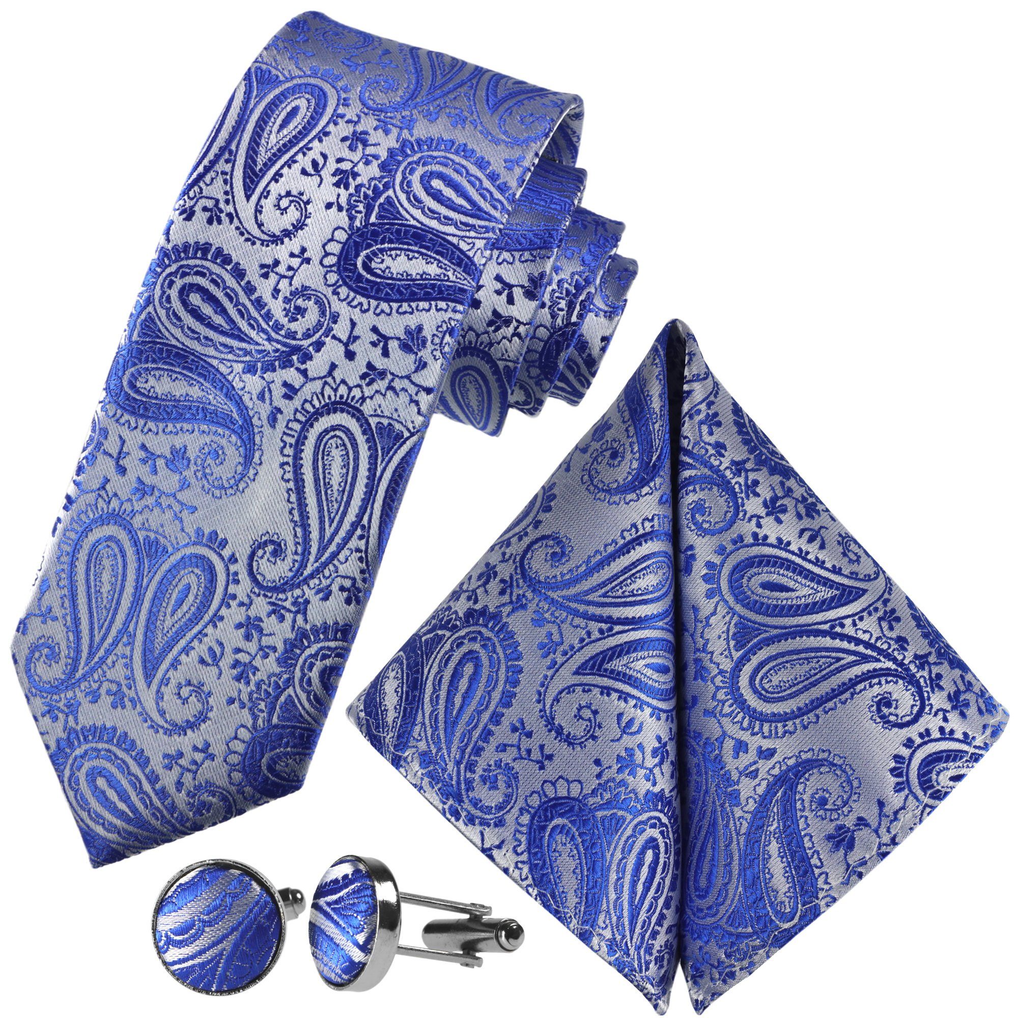 GASSANI Krawatte Hochzeitskrawatte Paisley Festlich, Herren-Krawatte Hochzeit Schlips (Set, 3-St., Krawattenset, Einstecktuch, Manschettenknöpfe) Dünn, Schmal, Slim Tie, Satin Jacquard Floral Gemustert, Seide-Touch Ultramarin-Blau Silber-Grau Hell-Grau Marine-Blau Royal-Blau Königsblau