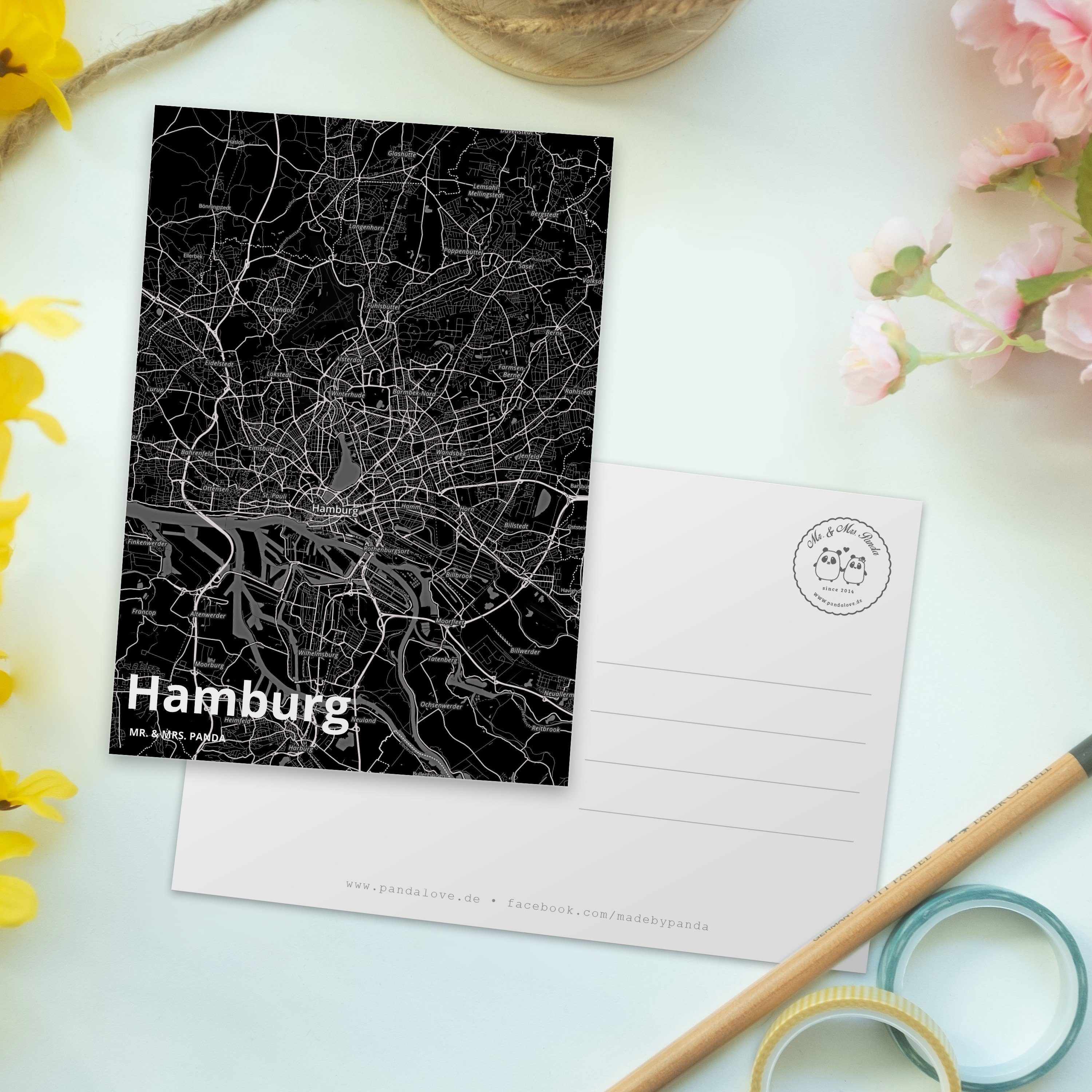 - Stadt Mr. Hamburg Mrs. & K Ort, Dorf, Grußkarte, Postkarte Panda Geschenk, Dorf Geschenkkarte,