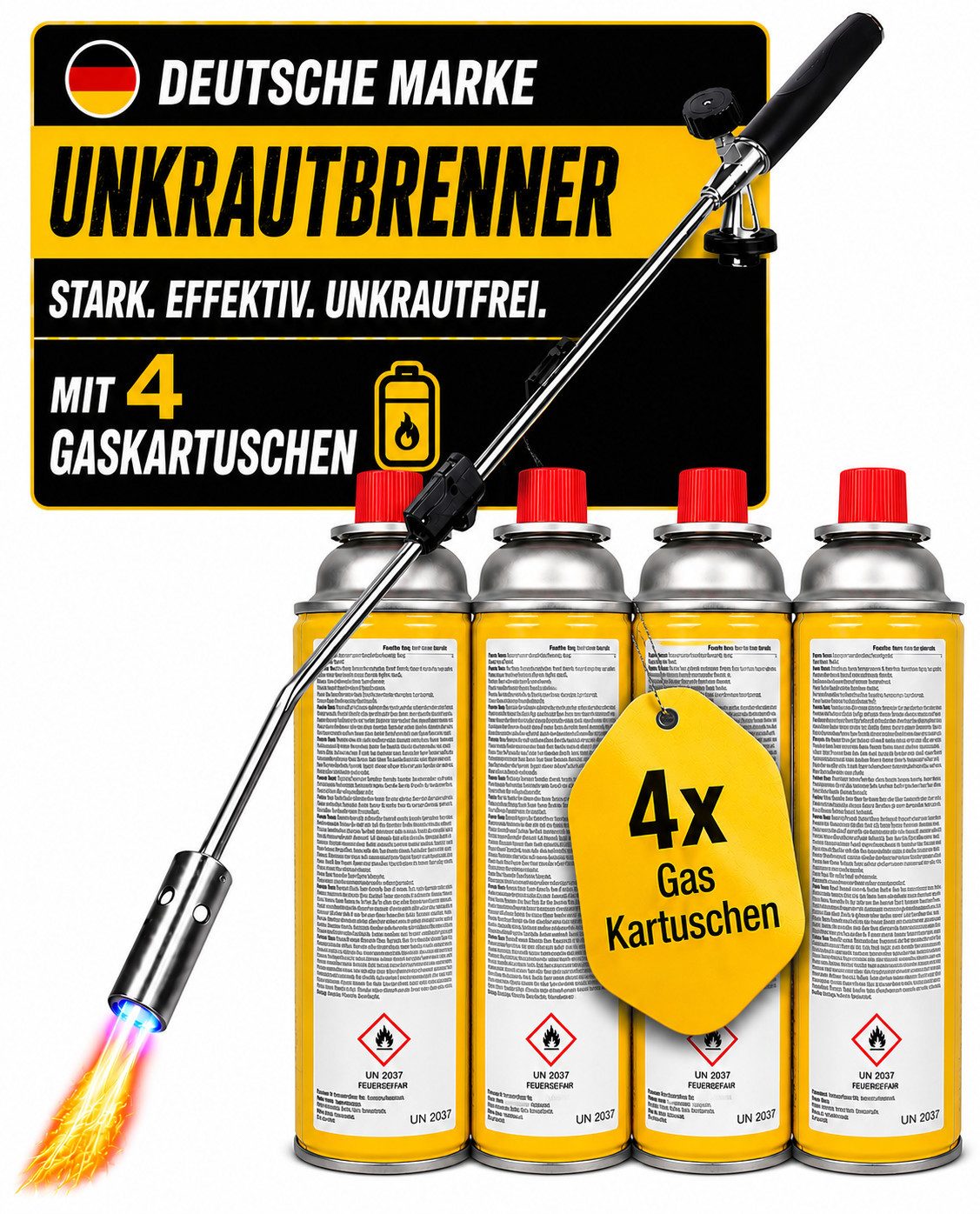 Fabona Unkrautbrenner Unkrautvernichter, 1100 °C maximal, (4-tlg., mit Piezozündung – professionelles Abflammgerät), inkl. 4-Gas-Kartusche