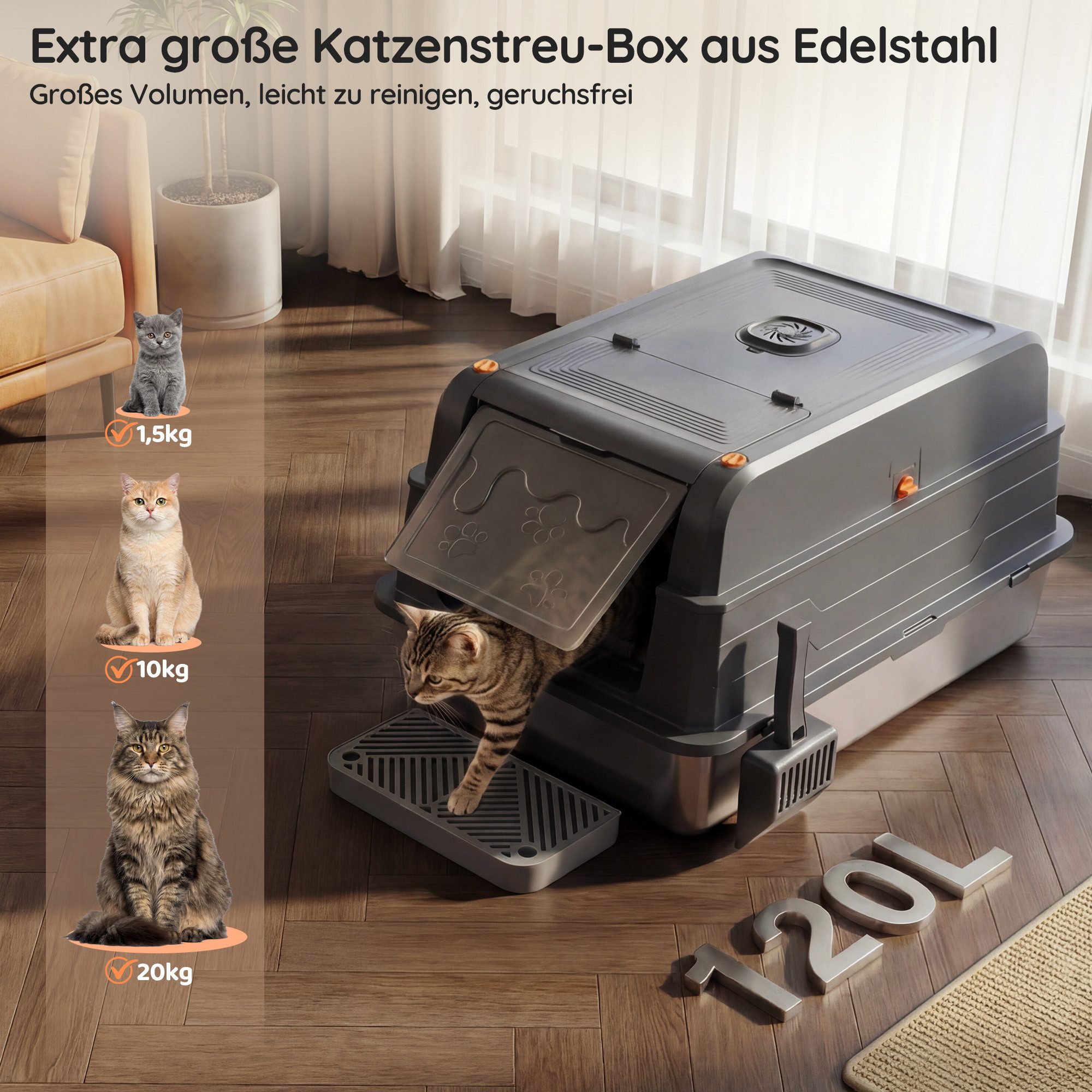 HOMALL Katzentoilette XXXL Katzenklo edelstahl,120L Großkapazität,70cm*50cm, Geruchsdicht & Auslaufsicher,Für Mehrkatzenhaushalte