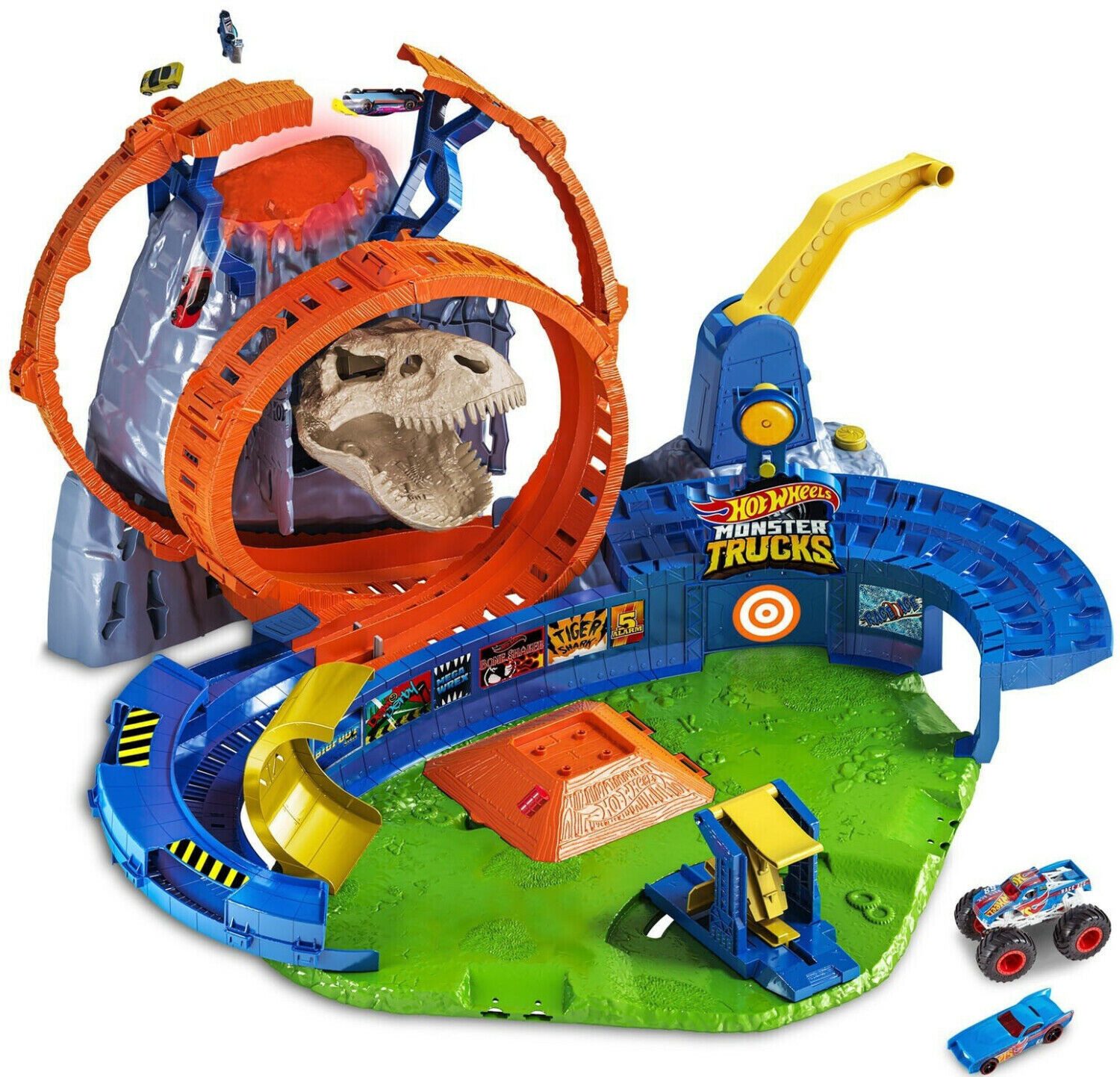 Hot Wheels Autorennbahn Hot Wheels Monster Trucks Bahn T-Rex Vulkan Arena mit Licht und Sound