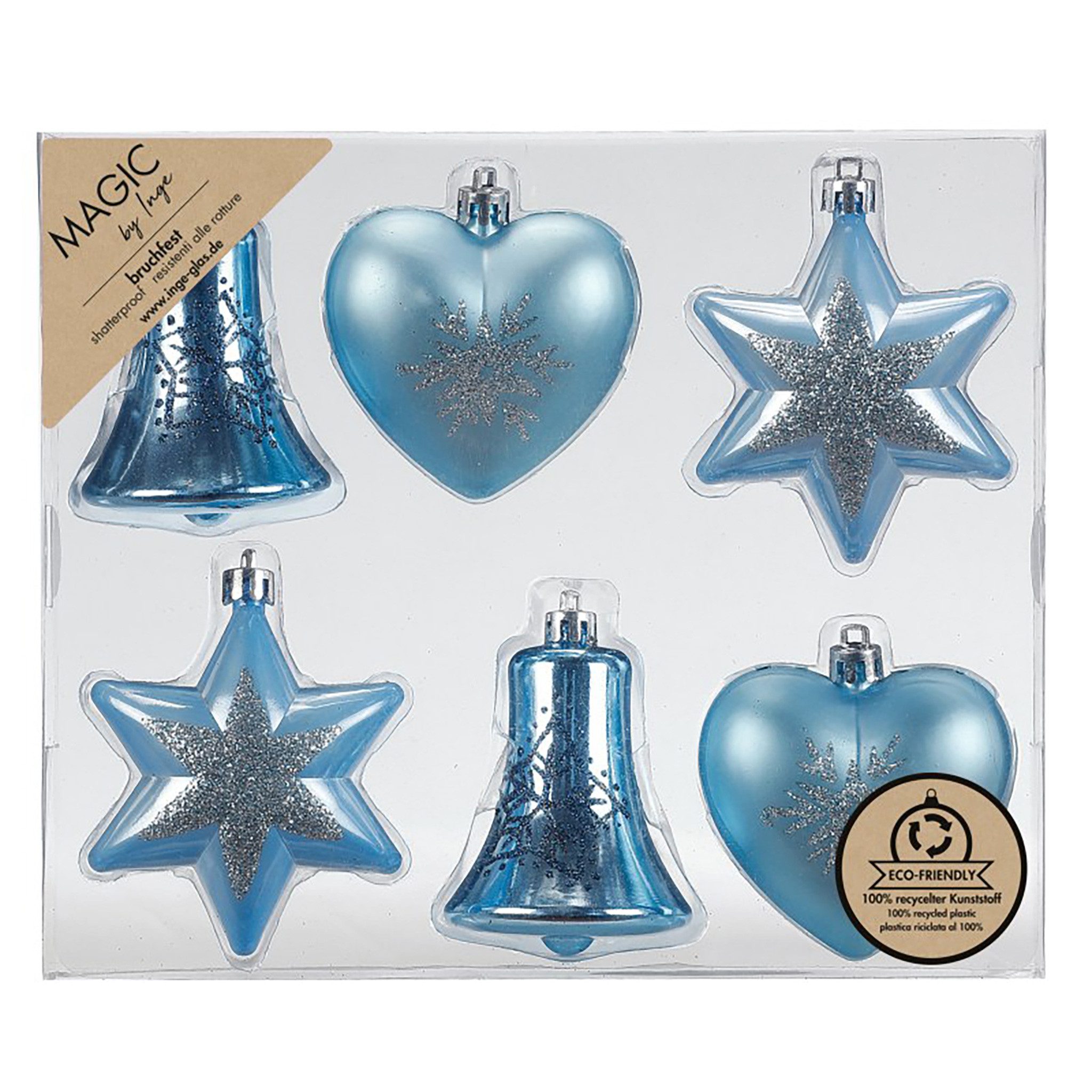 MAGIC by Inge Weihnachtsbaumkugel, Christbaumschmuck Formen Mix 9cm Kunststoff 6er Set - Aqua Blue