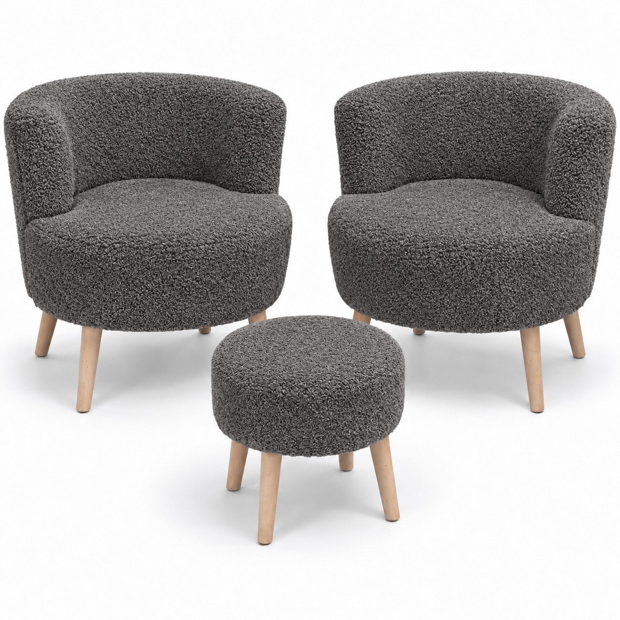 MDV Home Loungeset Bouclé 3-teilig mit 2 Sesseln und Hocker, gepolstert, Holzbeine, (3-tlg), Geschwungene Rückenlehnen für gemütliche Sitzecken