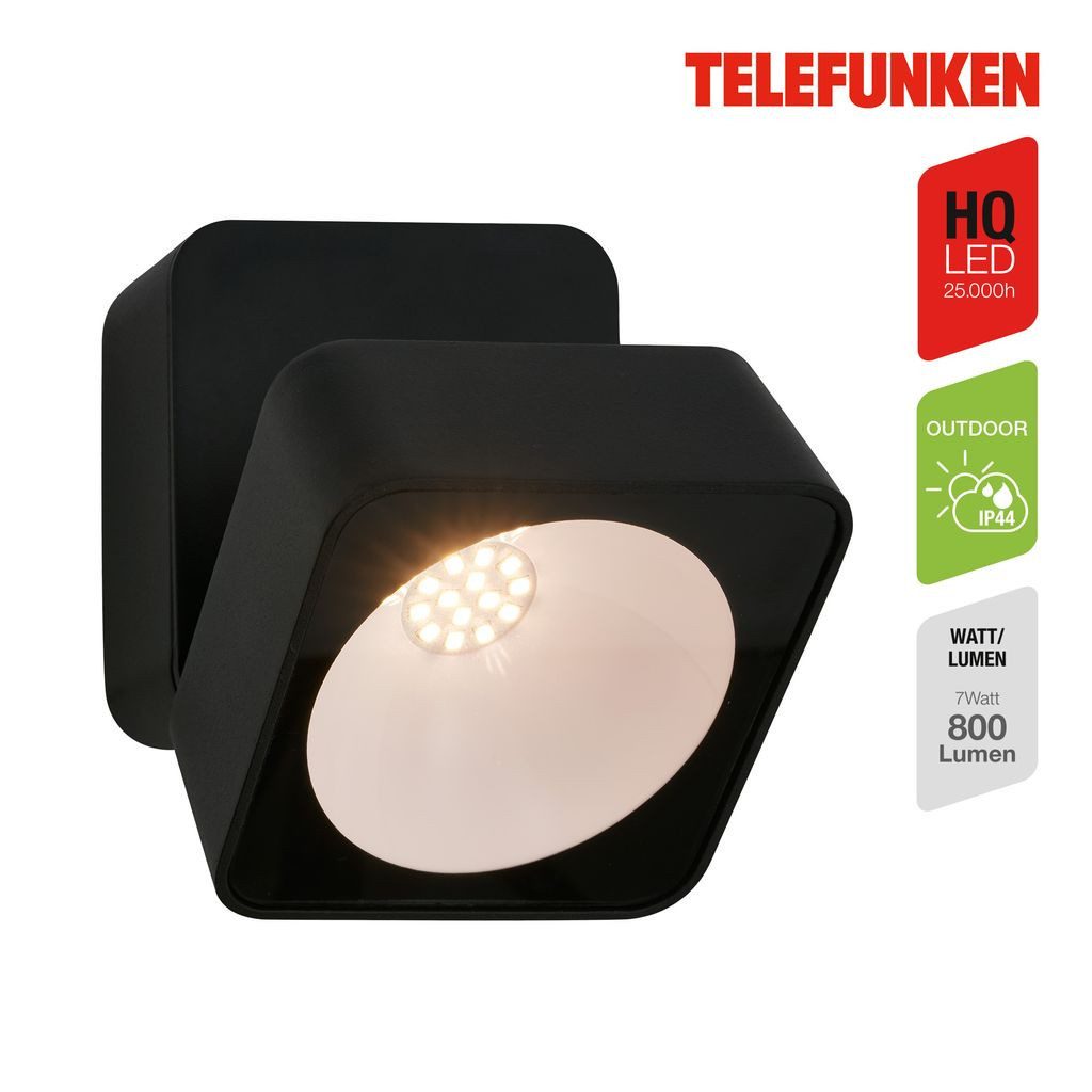 Telefunken Wandleuchte 322005TF, LED fest integriert, 2700K - Extra-Warmweiß, LED Wandleuchte Aussen 8x9x9 cm Schwarz 7W Hauswand Balkon Terrasse
