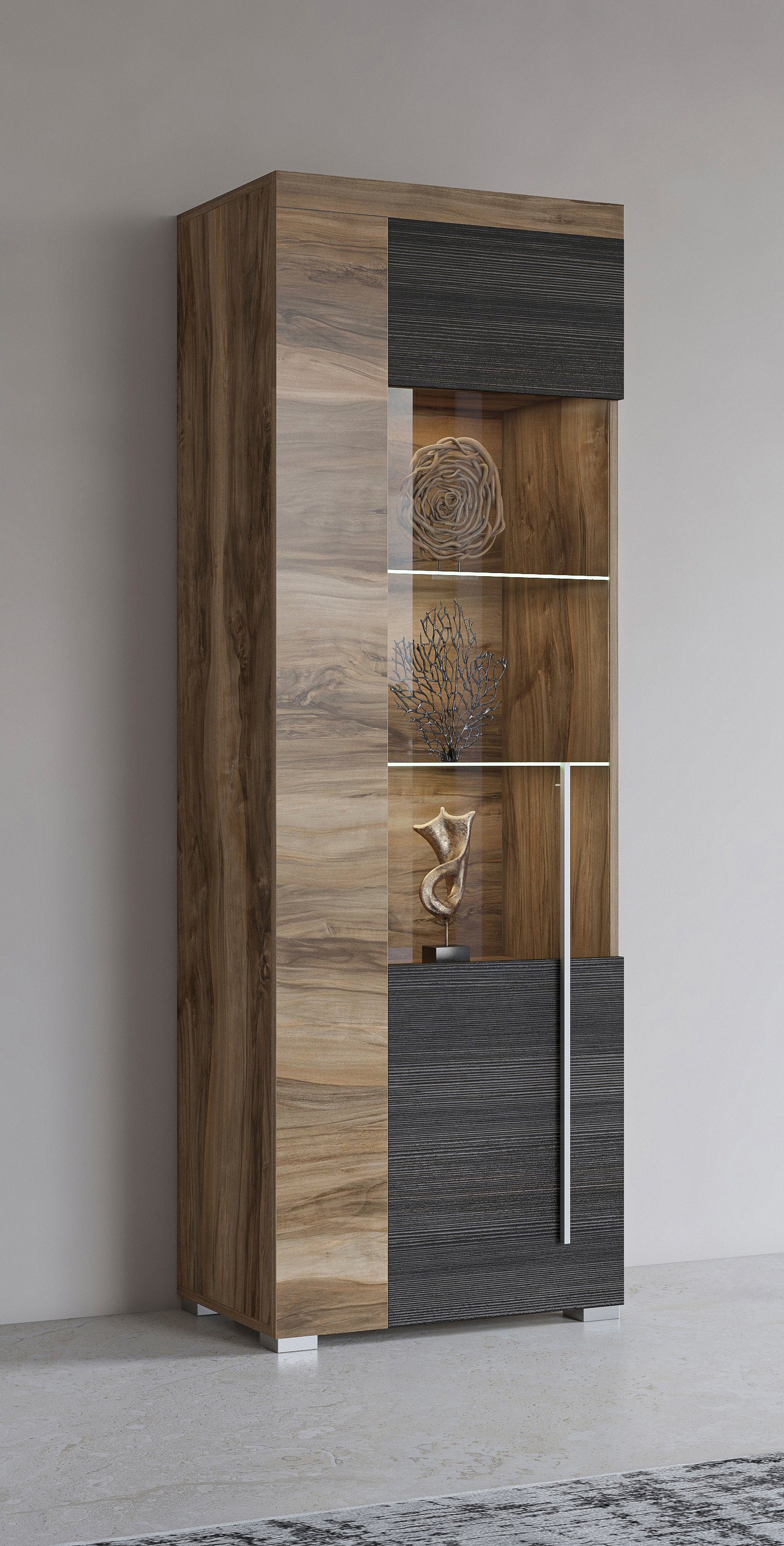 wengefb. Satin nussbfb./Darkwood Höhe Vitrine Roger Helvetia 160 cm