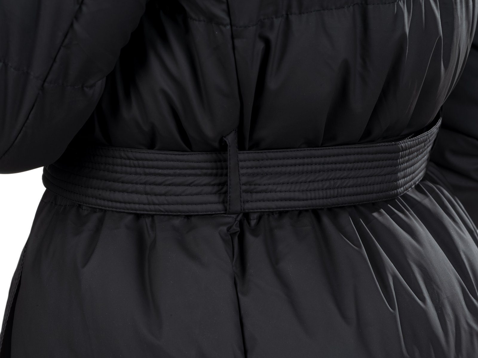 Shorai Steppjacke Steppmantel lang mit Gürtel SH2304.601 schwarz, mit abnehmbarer Kapuze und seitlichen Gehschlitzen