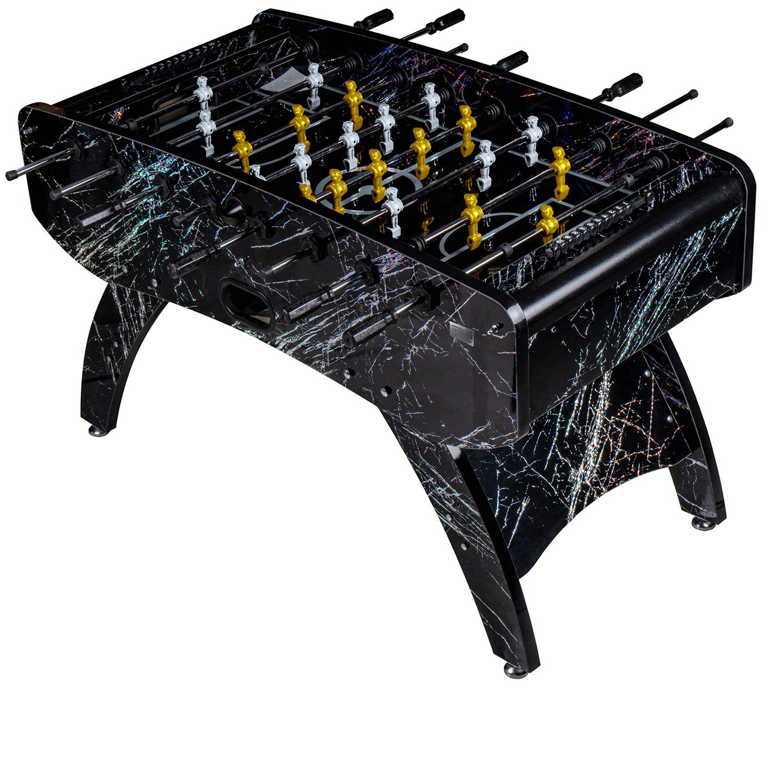 RAMROXX Kickertisch Fußball Premium Schwarz Glasspielfeld Figuren Weiss Gelb 80kg