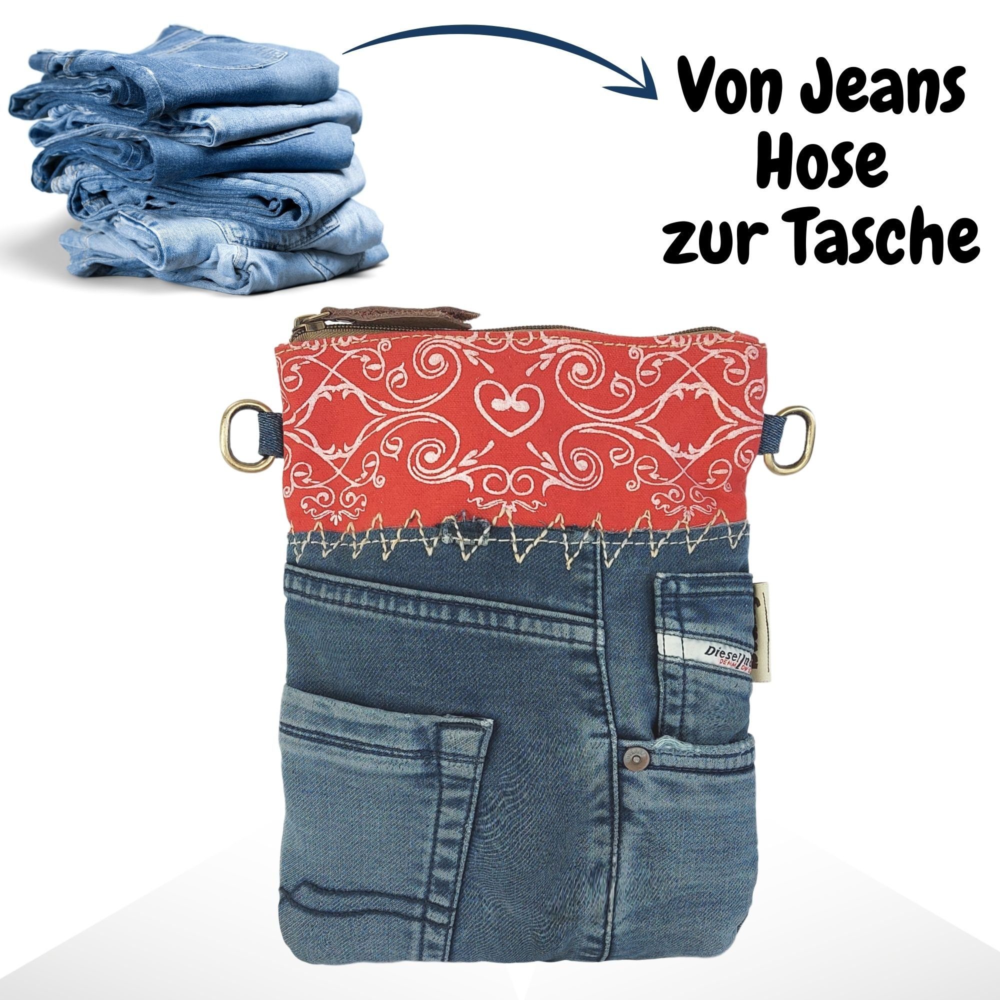 Sunsa Umhängetasche Damen nachhaltige Umhängetasche, Kleine rot/blau Crossbody Bag, erhält recycelte Material, Used Jeans Hose