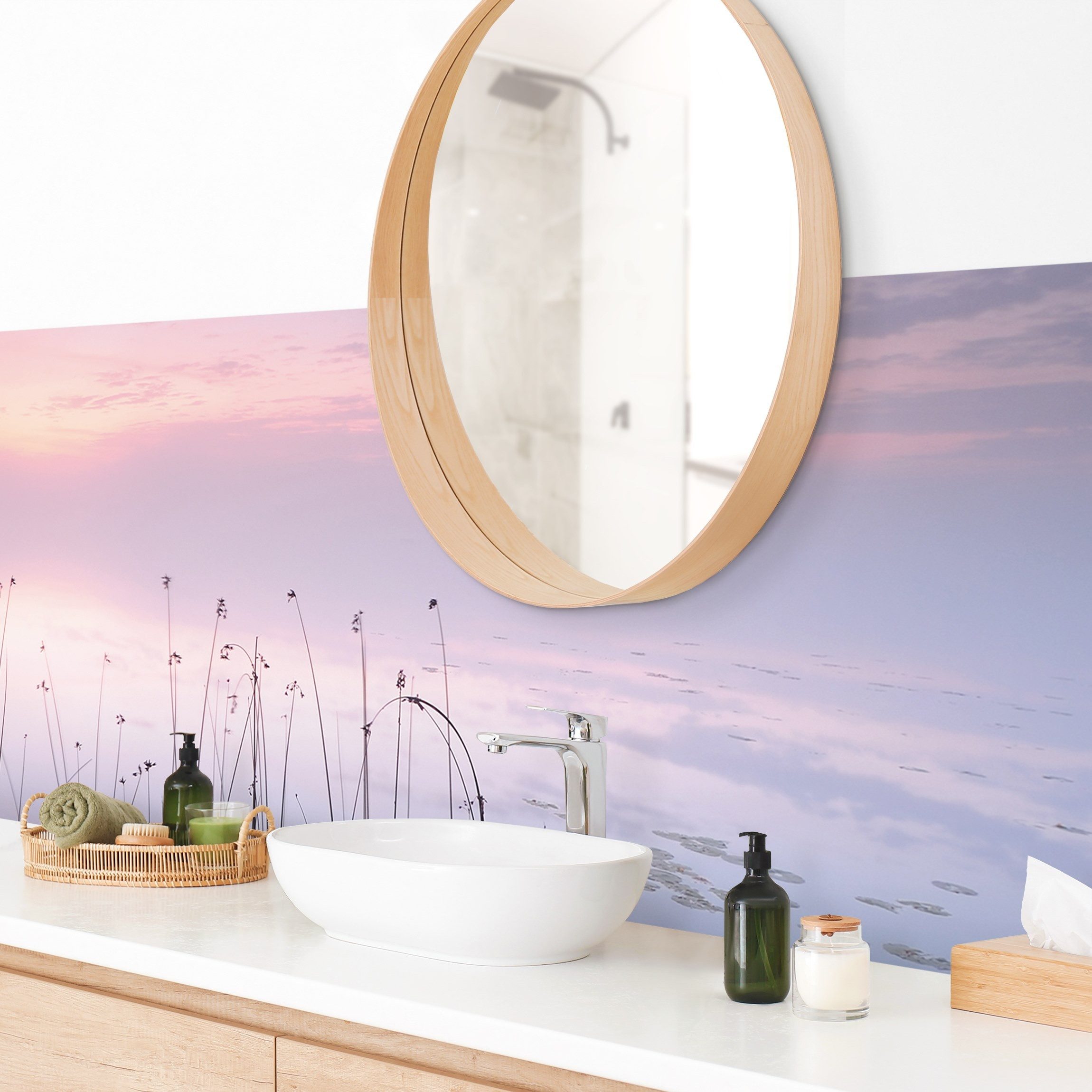 Bilderdepot24 Badrückwand violett fugenlose Wandverkleidung Bad mit Motiv, (Hartfolie matt » Selbstklebend SMART 0,35 mm), wasserfestes Wandpaneel Idylle See
