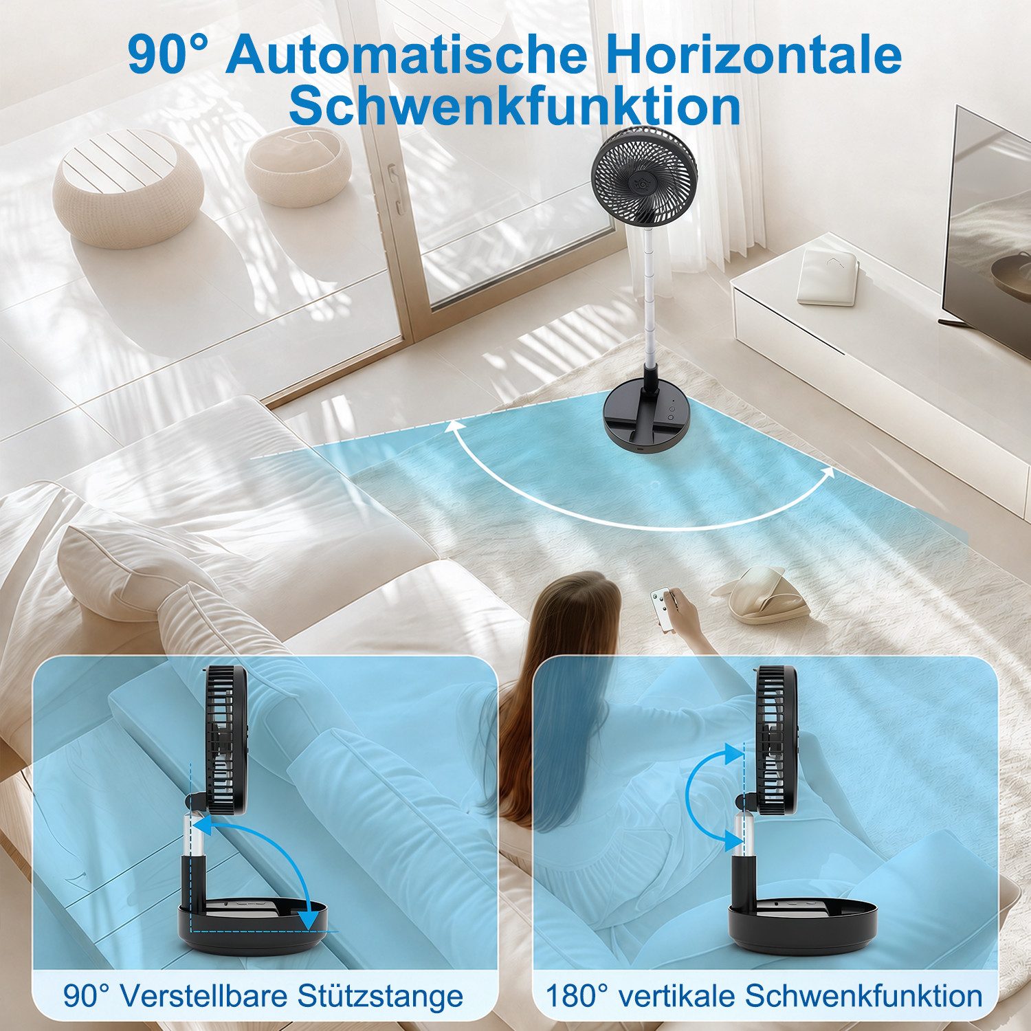 MOPUEA Standventilator Akku-Standventilator Faltbar Höhenverstellbar Fernbedienung Tragbar, Faltbar höhenverstellbar leise Akku Fernbedienung