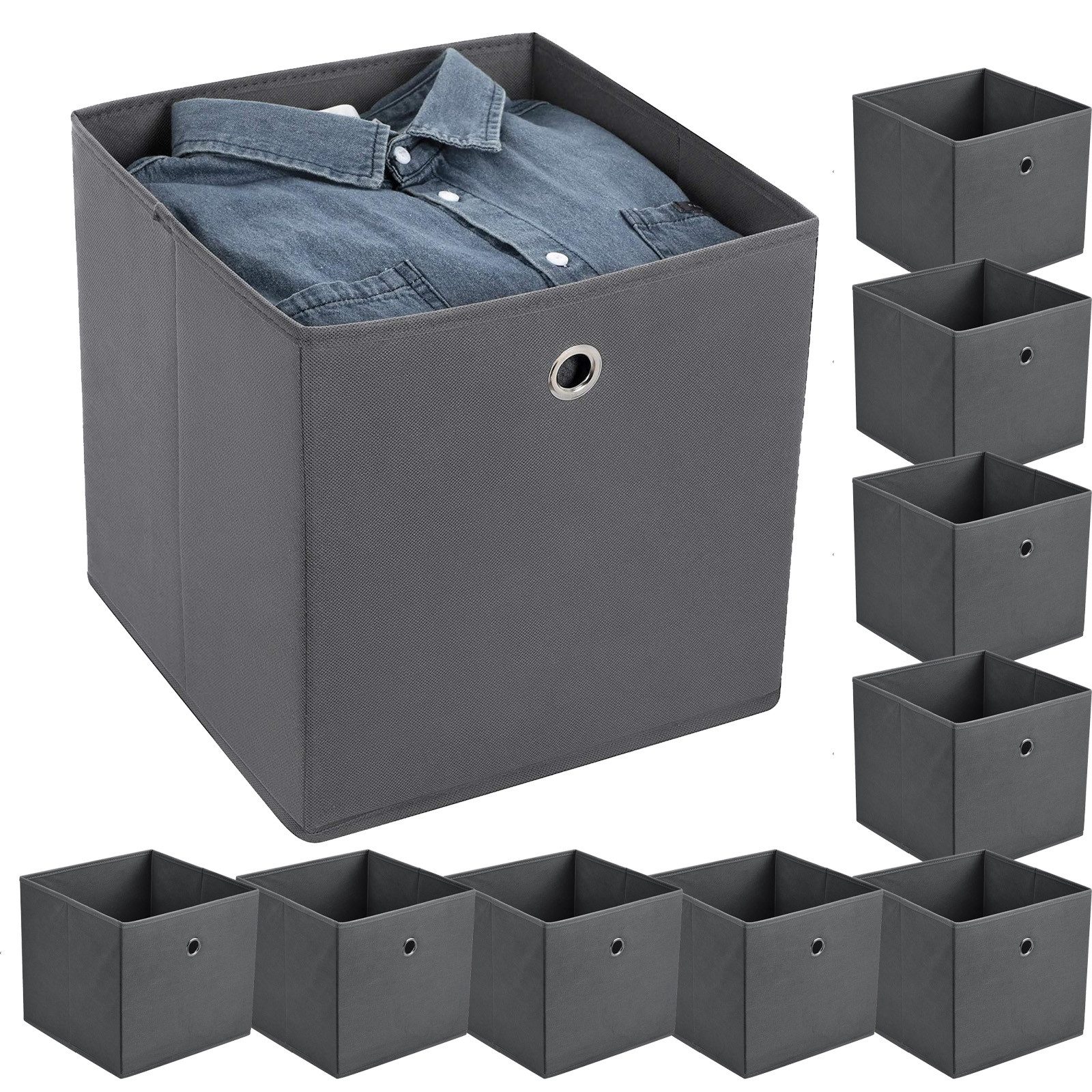 BlingBin Faltbox 10 Stück Faltboxen aus Vliesstoff, Aufbewahrungsboxen - 32x32x32 cm (10er Set, 10 St., 10 Stück), Klappbar Stoffboxen für Spielzeug und Kleidung, Dunkelgrau