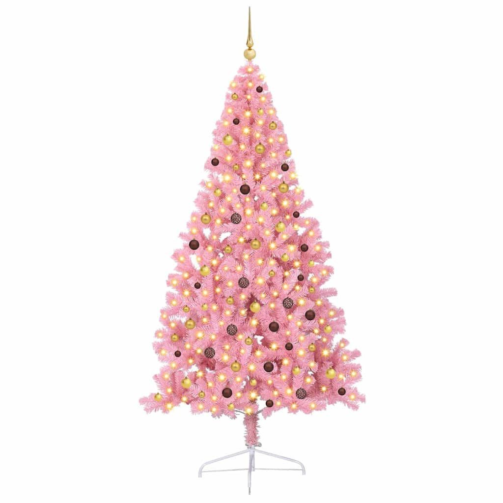 furnicato Künstlicher Weihnachtsbaum Künstlicher vorbeleuchteter Weihnachtsbaum Rosa 240 cm PVC, UV-beständige Tanne mit 300 LEDs, USB-Beleuchtung und Kugeln