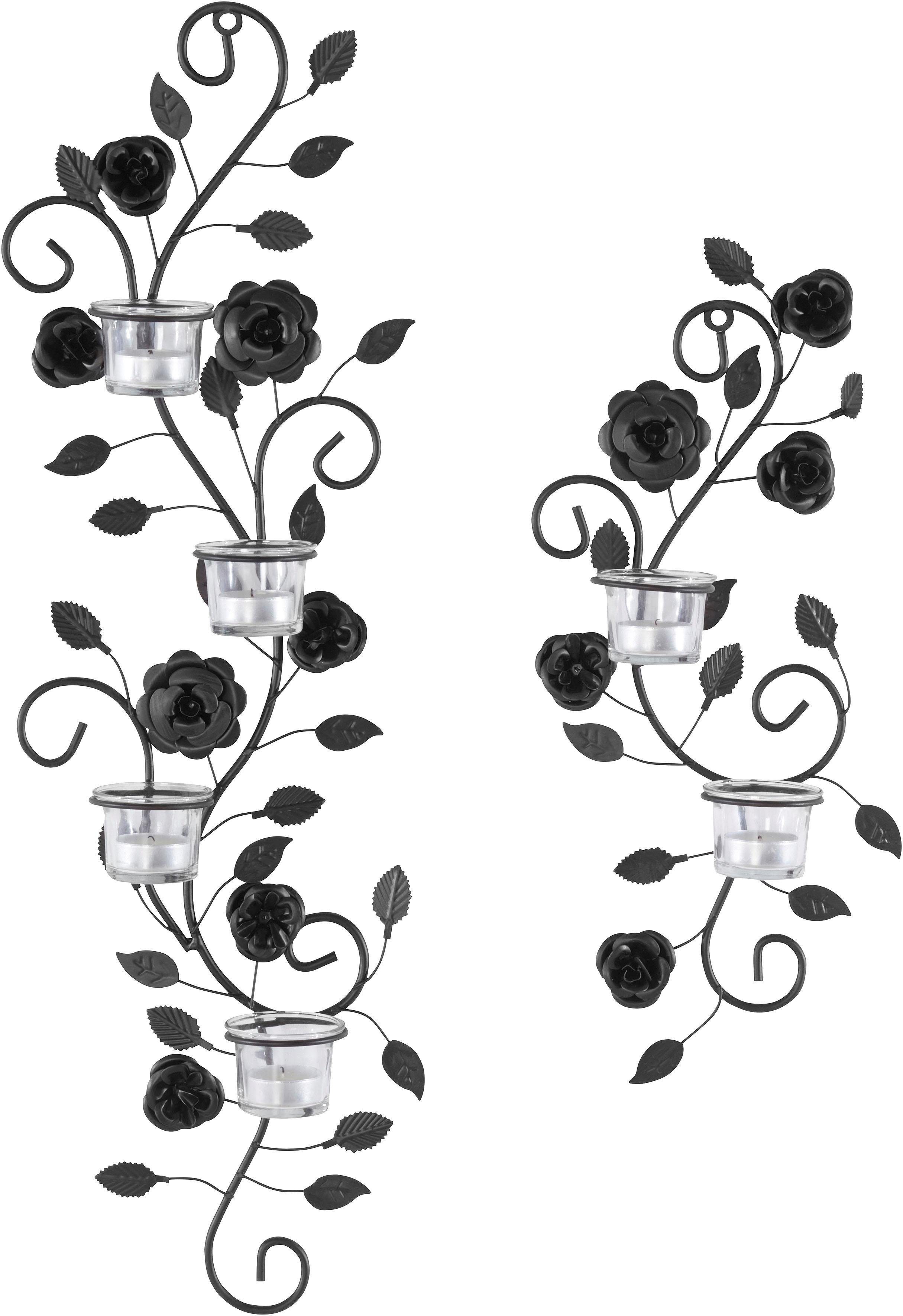 Wandkerzenhalter Glas, schwarz Blumenranke, Metall, antik affaire (2er-Set), Landhaus, Home schwarz