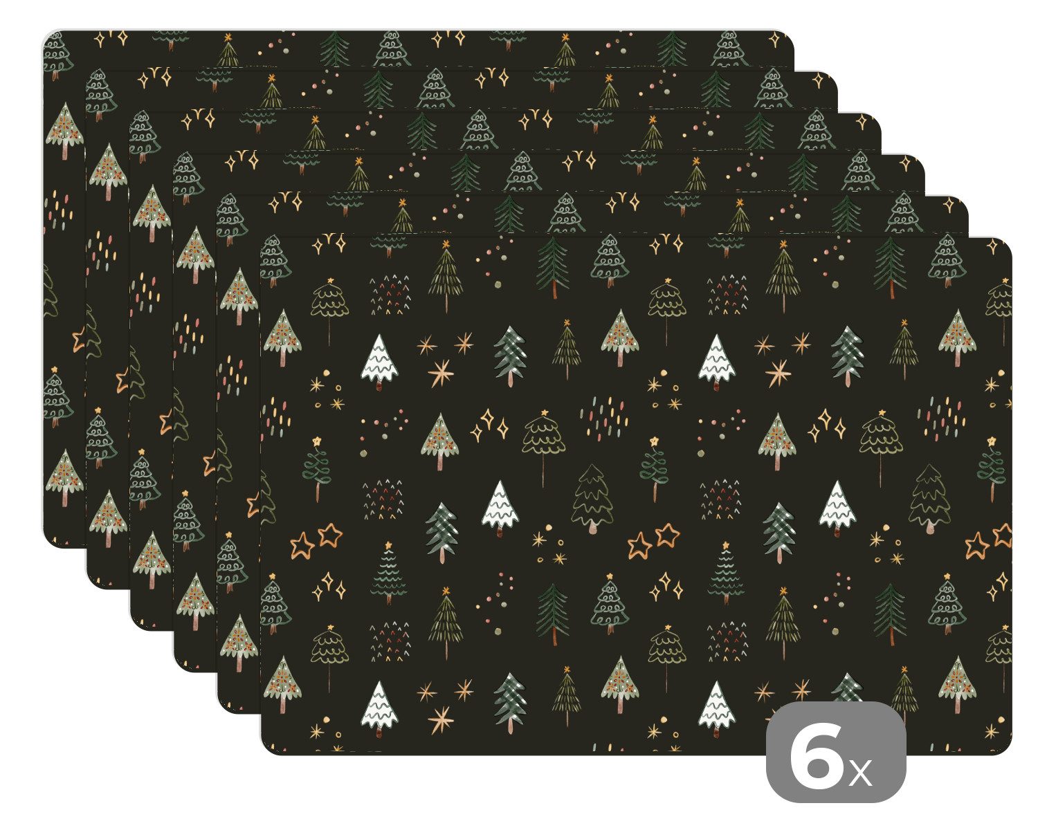 MuchoWow Platzset Weihnachtsbäume - Weihnachten - Muster - Sterne - Weihnachten, (6-St), Platzsets, Tischset, Abwaschbar, Tischsets, Platzdeckchen