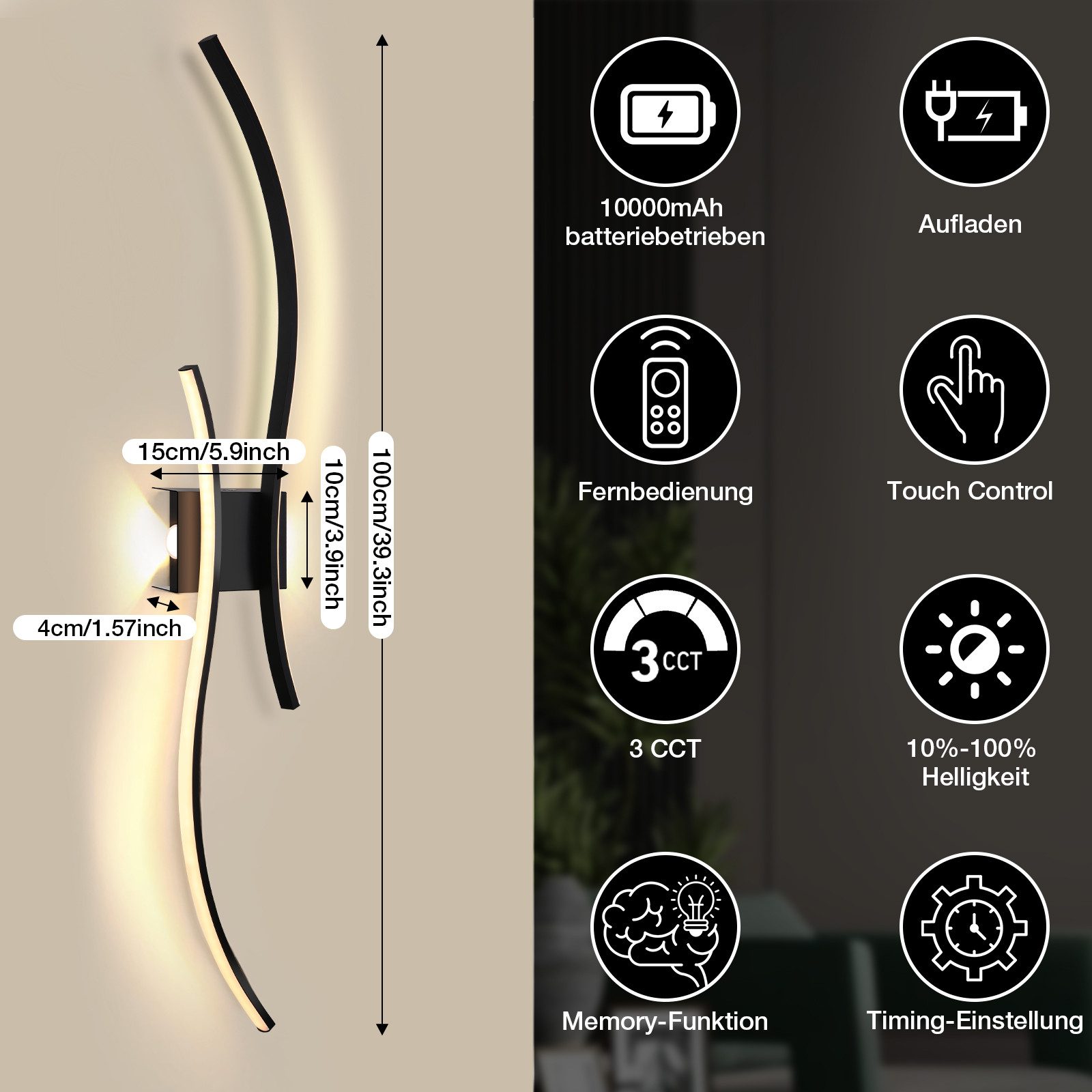 MUPOO Spiegelleuchte LED Wandleuchte Innen Dimmbar,Moderne Schwarz Wandleuchte Kabellose, 1 Stück, 3000–6000K, LED fest integriert, 100CM Lang Doppelbogen-Lampenkörper mit Fernbedienung und Kabel USB-C