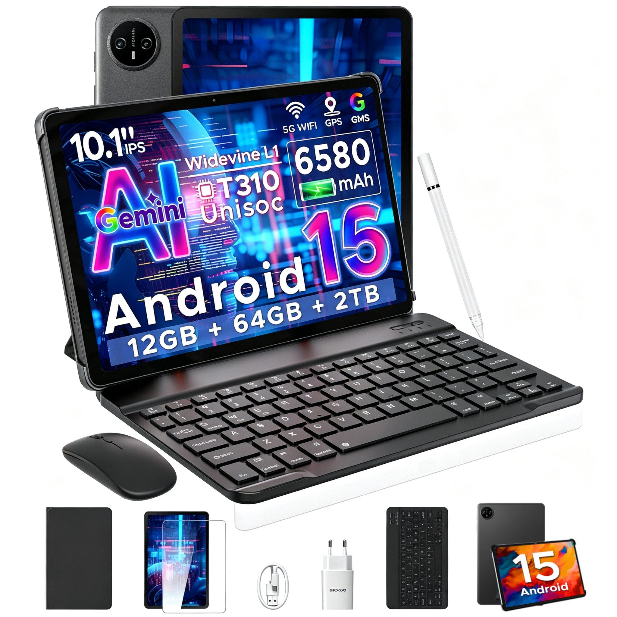 DOOGEE TAB A9 Tablet 10 Zoll, Android Tablet, 64GB ROM (TF 2TB), 5G WiFi Tablet (10.1", 64 GB, Android 15, Wifi, Android 16, Tablet mit Tastatur/Stift/Maus/Hülle, Face ID)