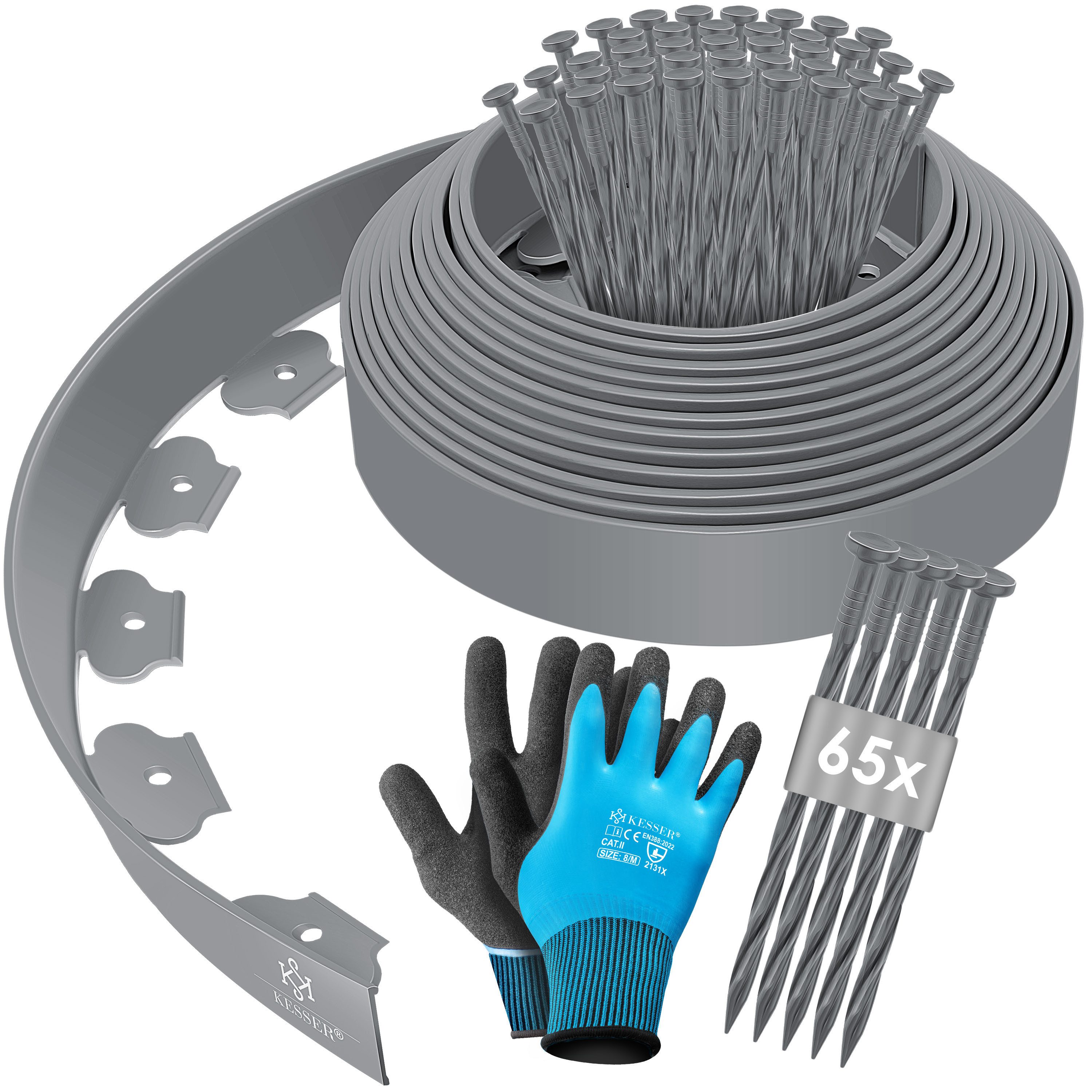 KESSER Rasenkante Flexible Beetumrandung aus Kunststoff 10/ 20/ 30/ 40/ 50m - Höhe 5cm, Mähkante Pflastersteine Palisade, Rasenkante mit Erdanker + Handschuhe Beeteinfassung Beetbegrenzung