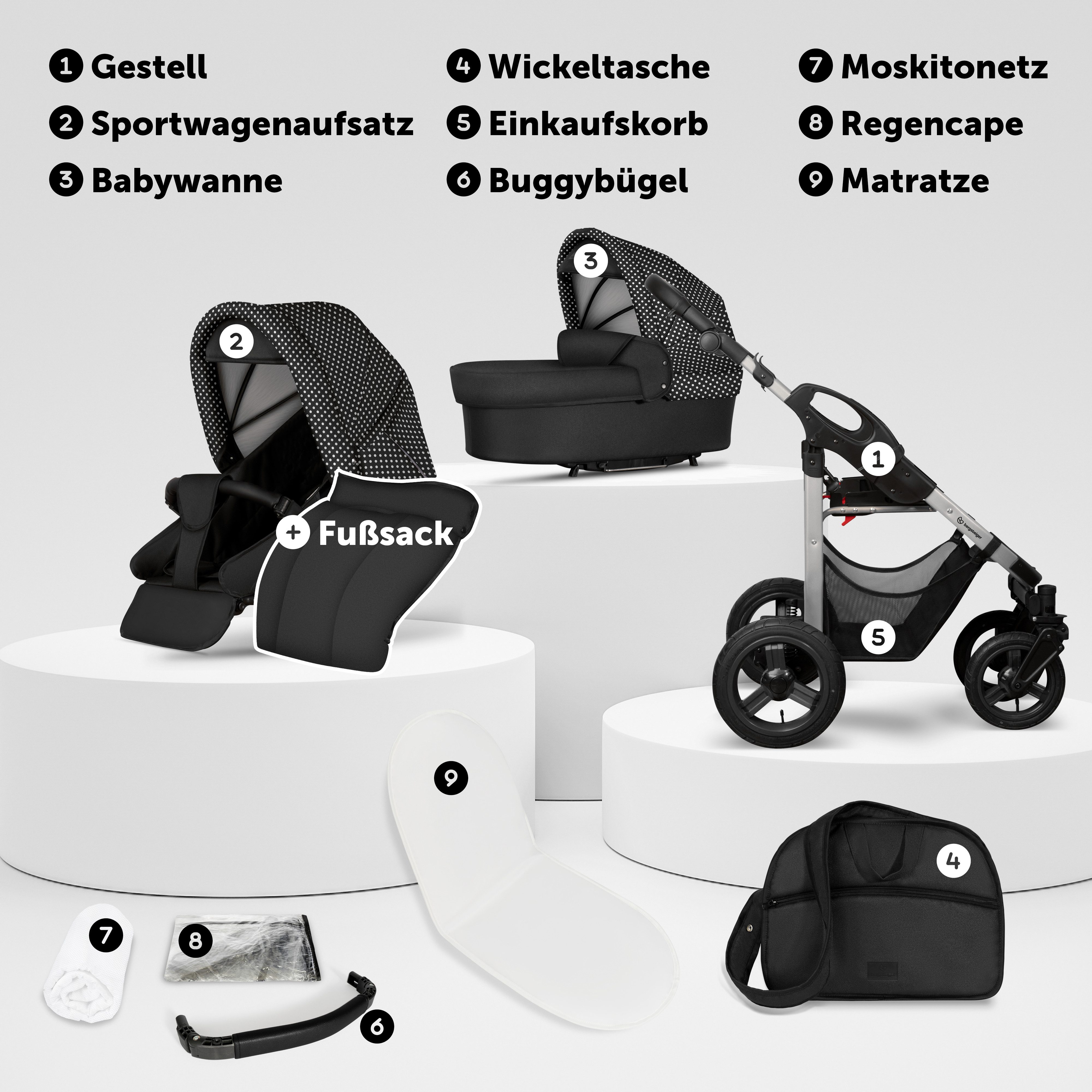 bergsteiger Kombi-Kinderwagen Babywagen Capri 3in1, Kombikinderwagen Komplettset, (10-tlg)