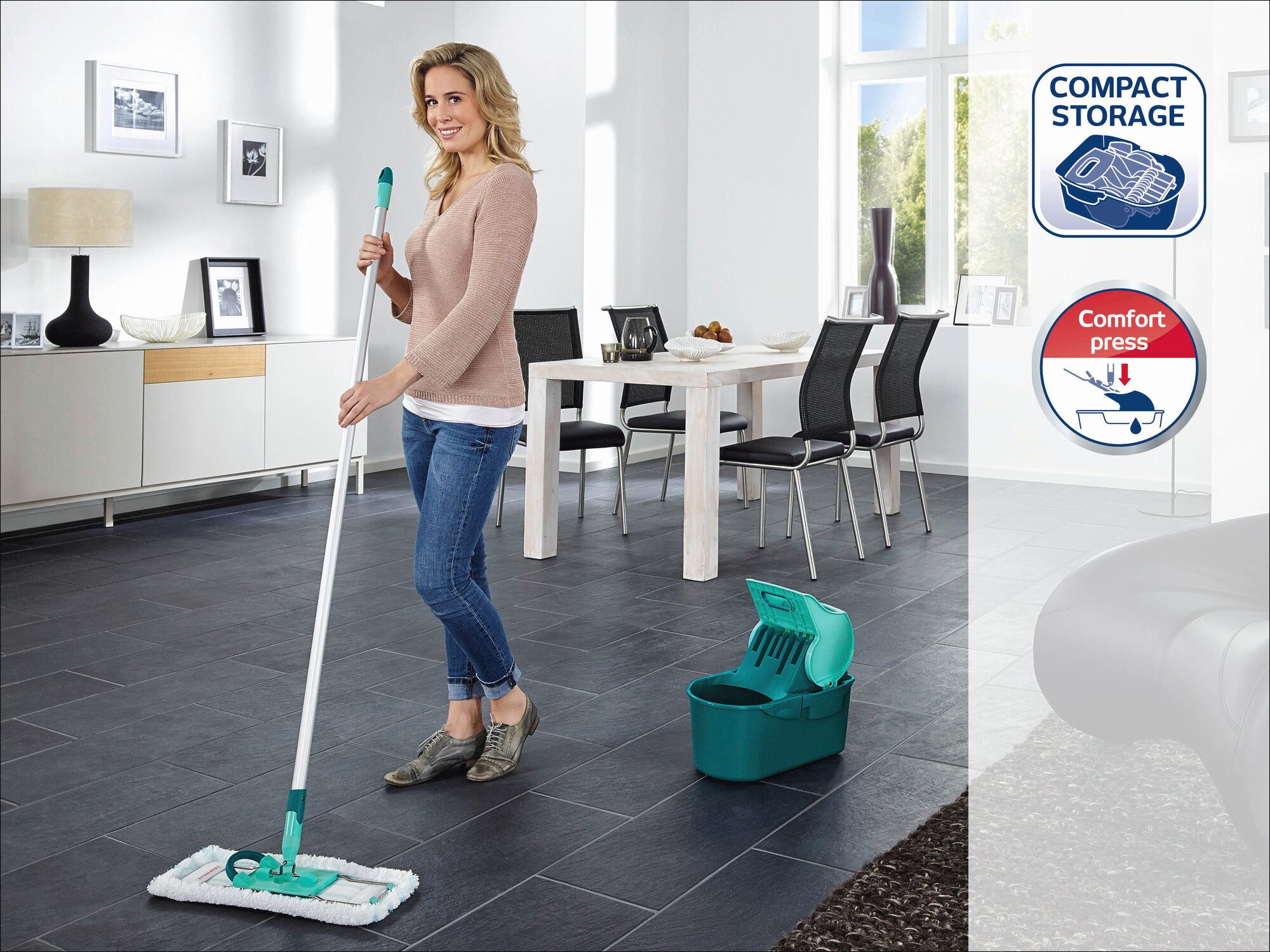 Leifheit Bodenwischer-Set Wischtuchpresse Profi Compact, (1-St), Auspressen per Hebelwirkung, 8l Fassungsvermögen, platzsparend
