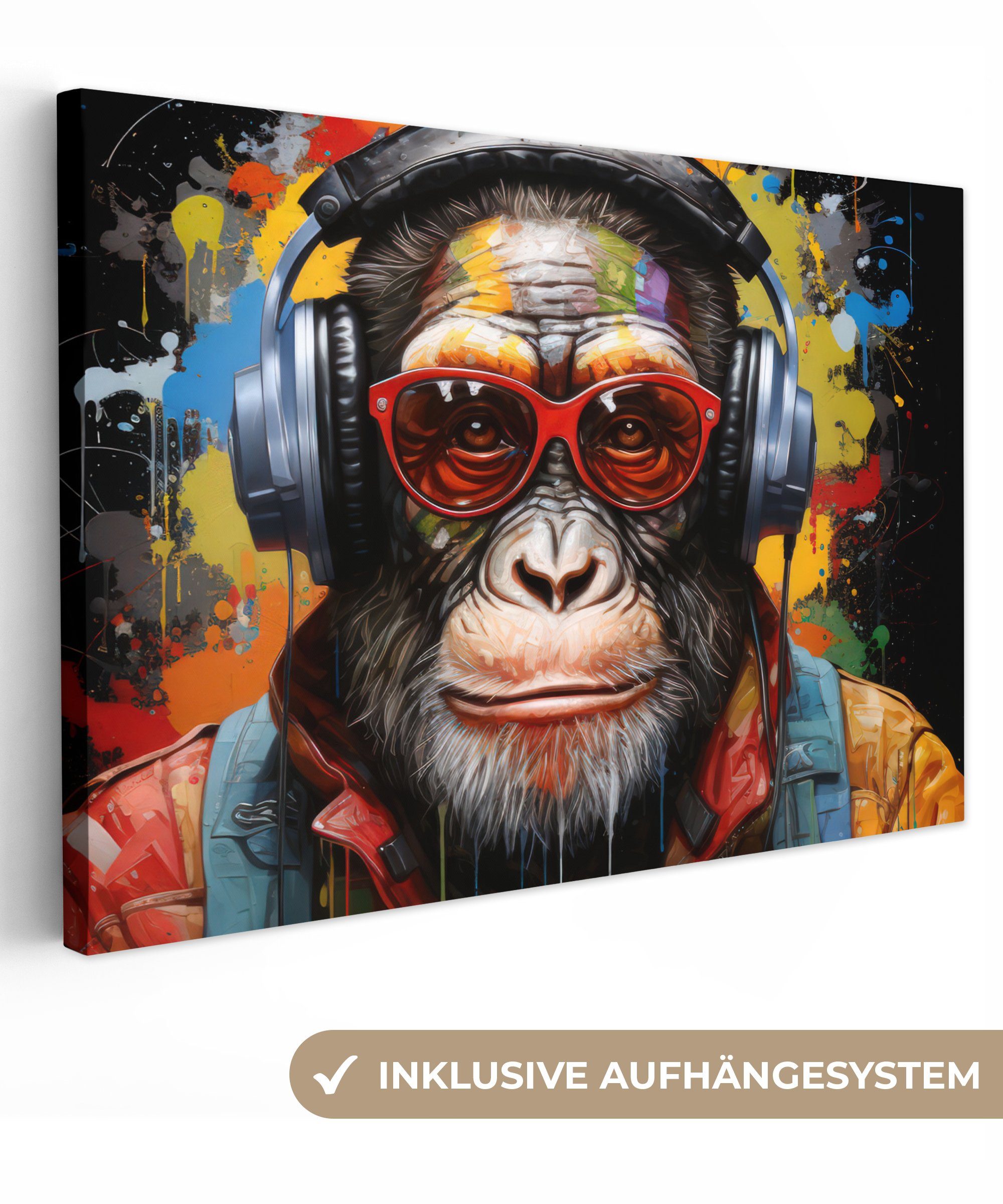 OneMillionCanvasses® Leinwandbild Schimpanse - Affe - Tiere - Graffiti - Brillen - Kopfhörer - Farben, (1 St), Wandbild für alle Wohnbereiche, Gemälde, XXL, großes, 120x80 cm