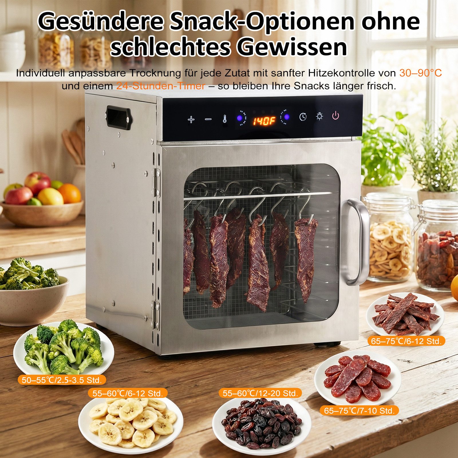 Rebonique Dörrautomat Edelstahl mit 10/12 Edelstahlgitter Food Dörrgerät Dehydrator 30–90°C 800 W, 12 Etagen, Fruchttrockner mit LED Touch-Display, BPA-frei für Obst Fleisch Pilze