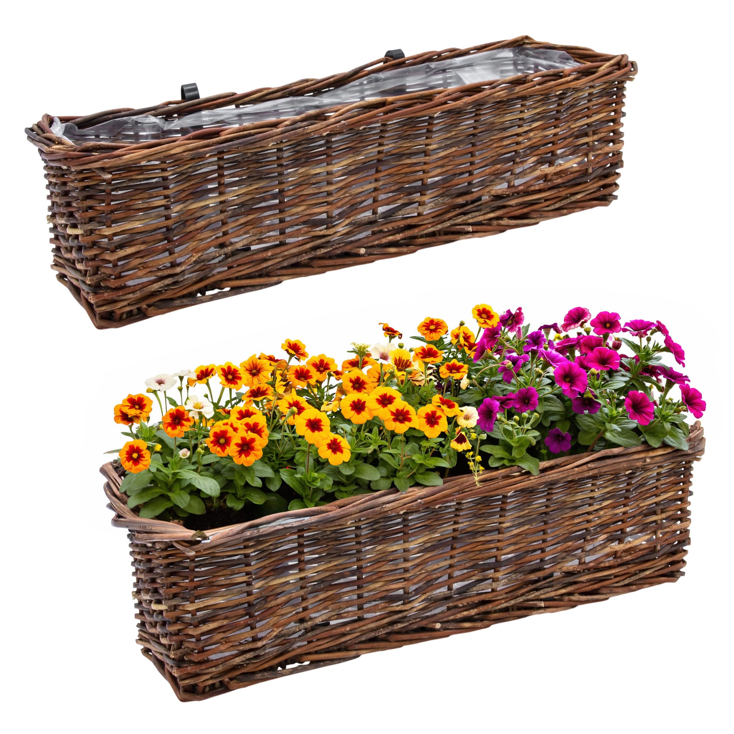 Spetebo Blumenkasten Rattan Balkonkasten eckig mit Folie (natur dunkel, 2 St., Stück), Rattan Blumenkasten mit Aufhängung für Geländer bis 3,5 cm