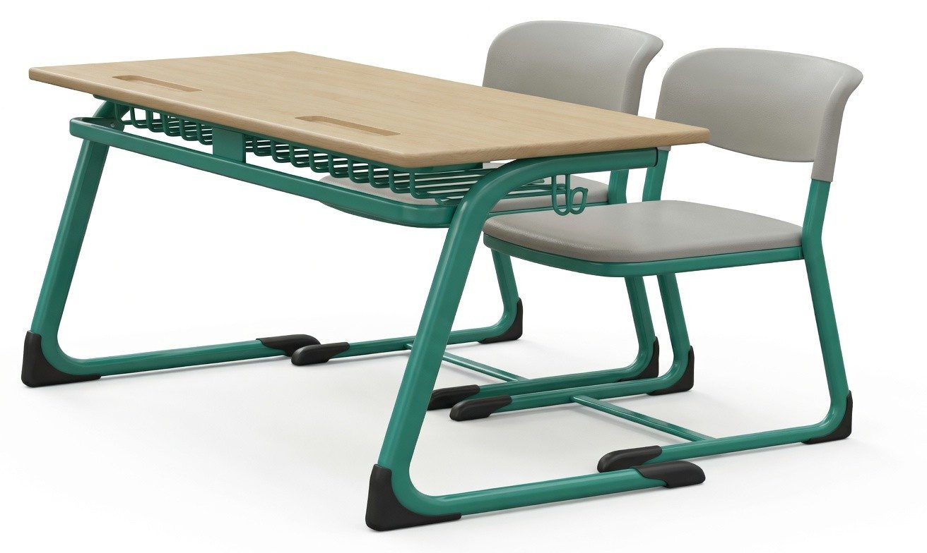Xlmoebel Schreibtisch Moderne Schulbank mit zwei Stühlen und Ablage in grünem Holzlook (mit 2 Stühlen), Made in Europa