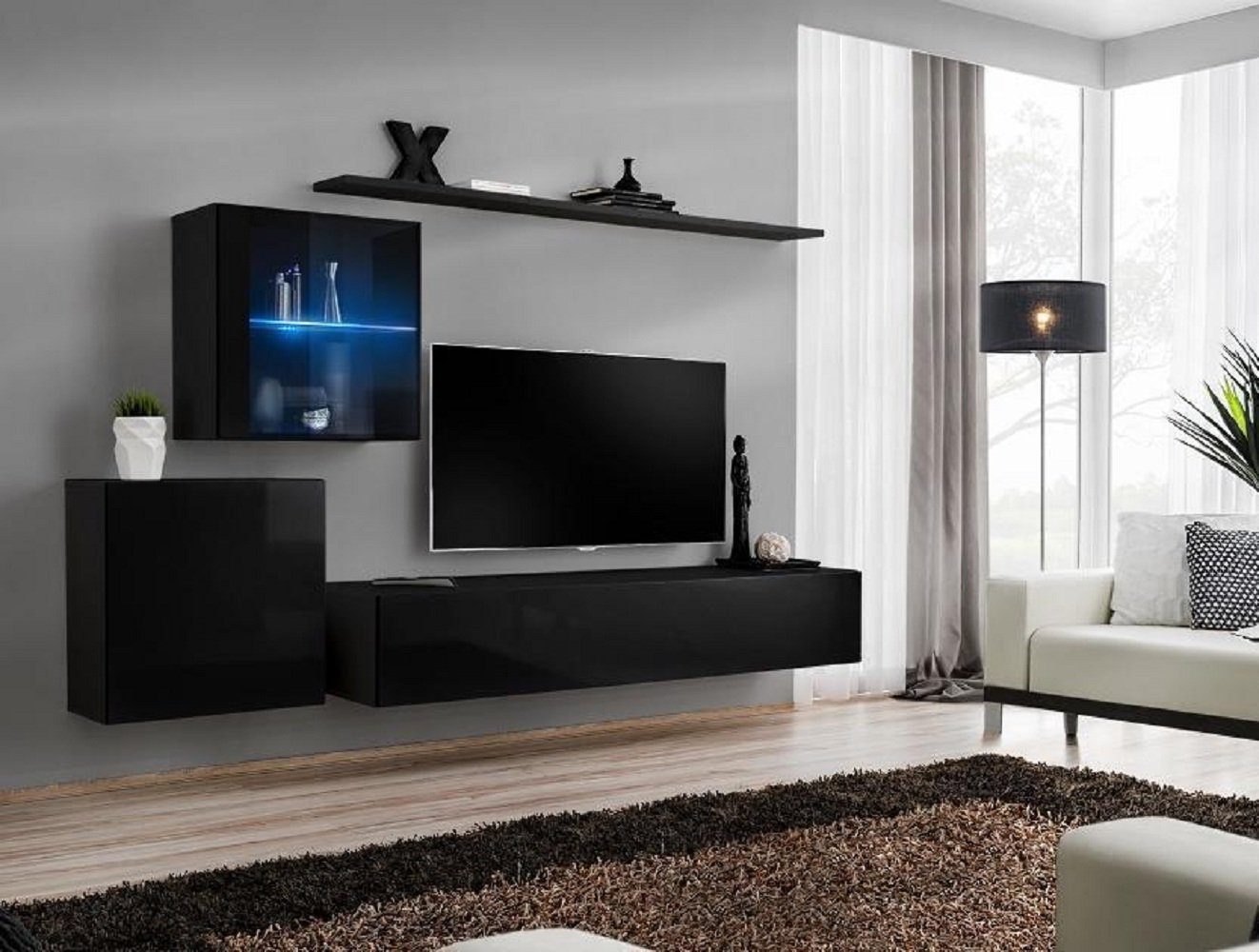 1x TV + in Wandschrank Made Europa Wohnzimmermöbel, Wohnwand 2x + + Ständer Wohnwand JVmoebel 1x Wandschrank Wandregal), 1x 2x Wohnzimmer-Set Wohnmöbel (5-St., Schwarz Luxus