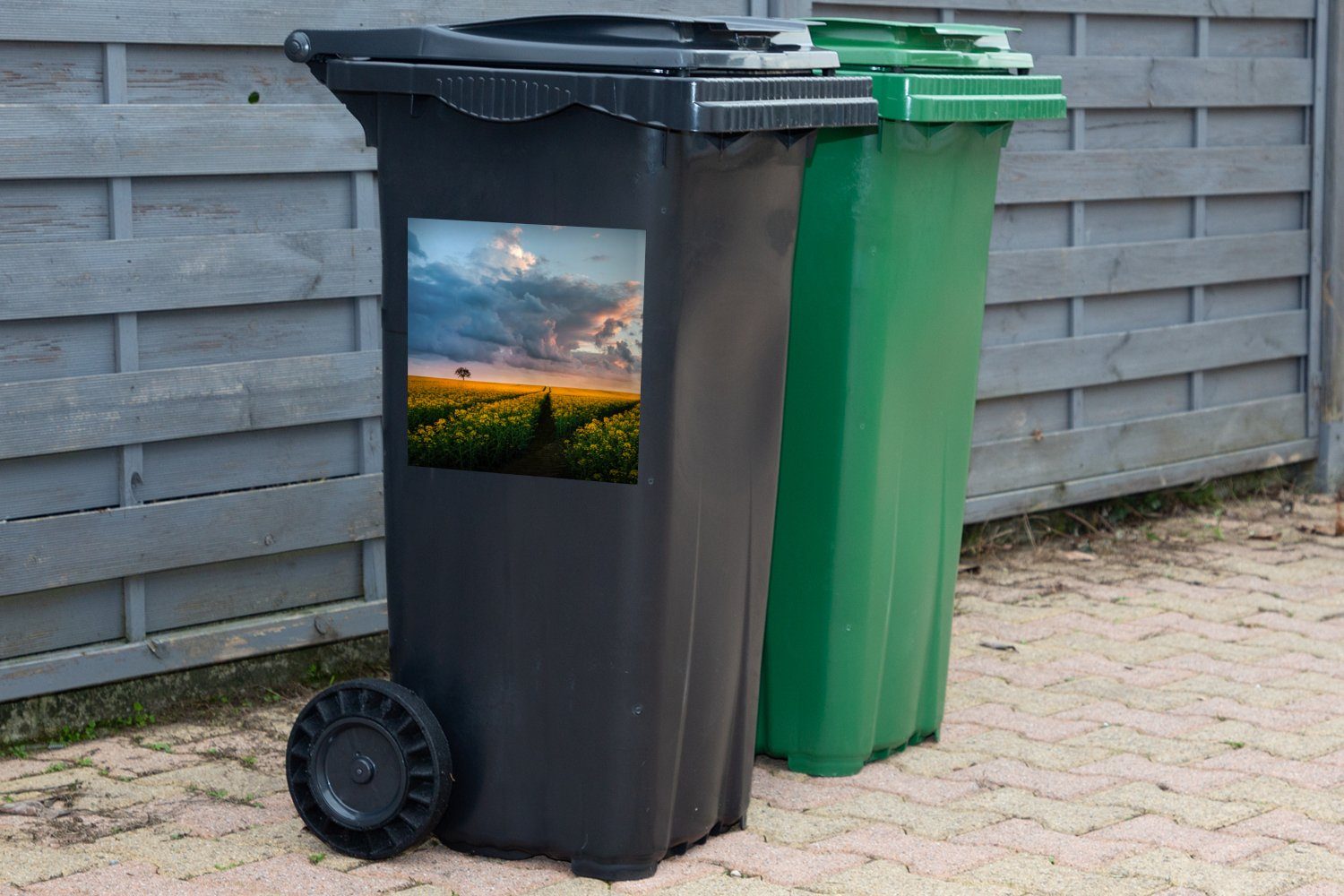 - Sonnenuntergang Abfalbehälter (1 Blumen Container, St), MuchoWow Mülleimer-aufkleber, Mülltonne, - Wandsticker Sticker, Gelb