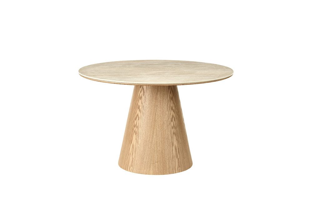 riess-ambiente Esstisch UNIQUE 120cm hellbraun / natur · runder Küchentisch mit Keramik-Platte (Einzelartikel, 1-St), 4 Personen · Säulenfuß · Eiche-Echtholzfurnier · Travertin-Design