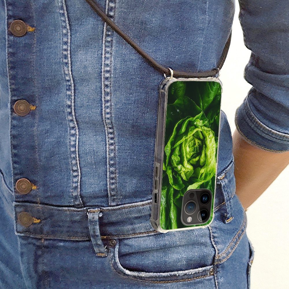 MuchoWow Handyhülle für Apple iPhone 14 Pro Gemüse - Kopfsalat - Grün, Tragbare Handyhüllen mit Kette zum umhängen, Handykette Handyband