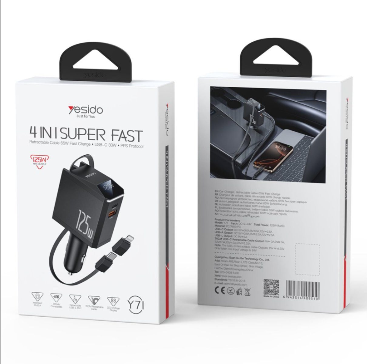 Yesido Yesido Autoladeadapter Y71 125W Schnellladung 4in1 LED + C+iP Kabel Smartphone-Ladegerät