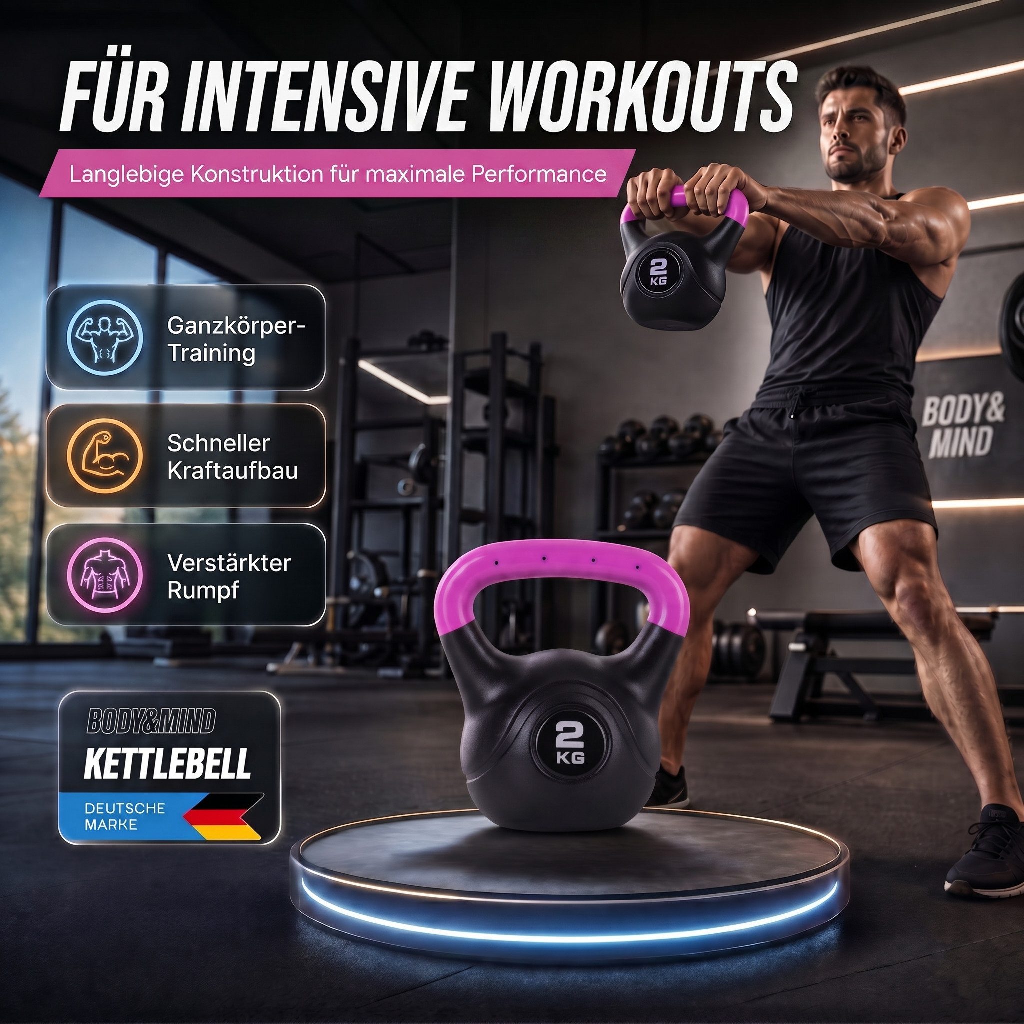 Body & Mind Kettlebell Body & Mind Kettlebell 2–20 kg – Profi Kettlebell mit Kunststoffmantel, (Profi Schwunghantel), Kraftraining Workout Gewicht (2 kg)