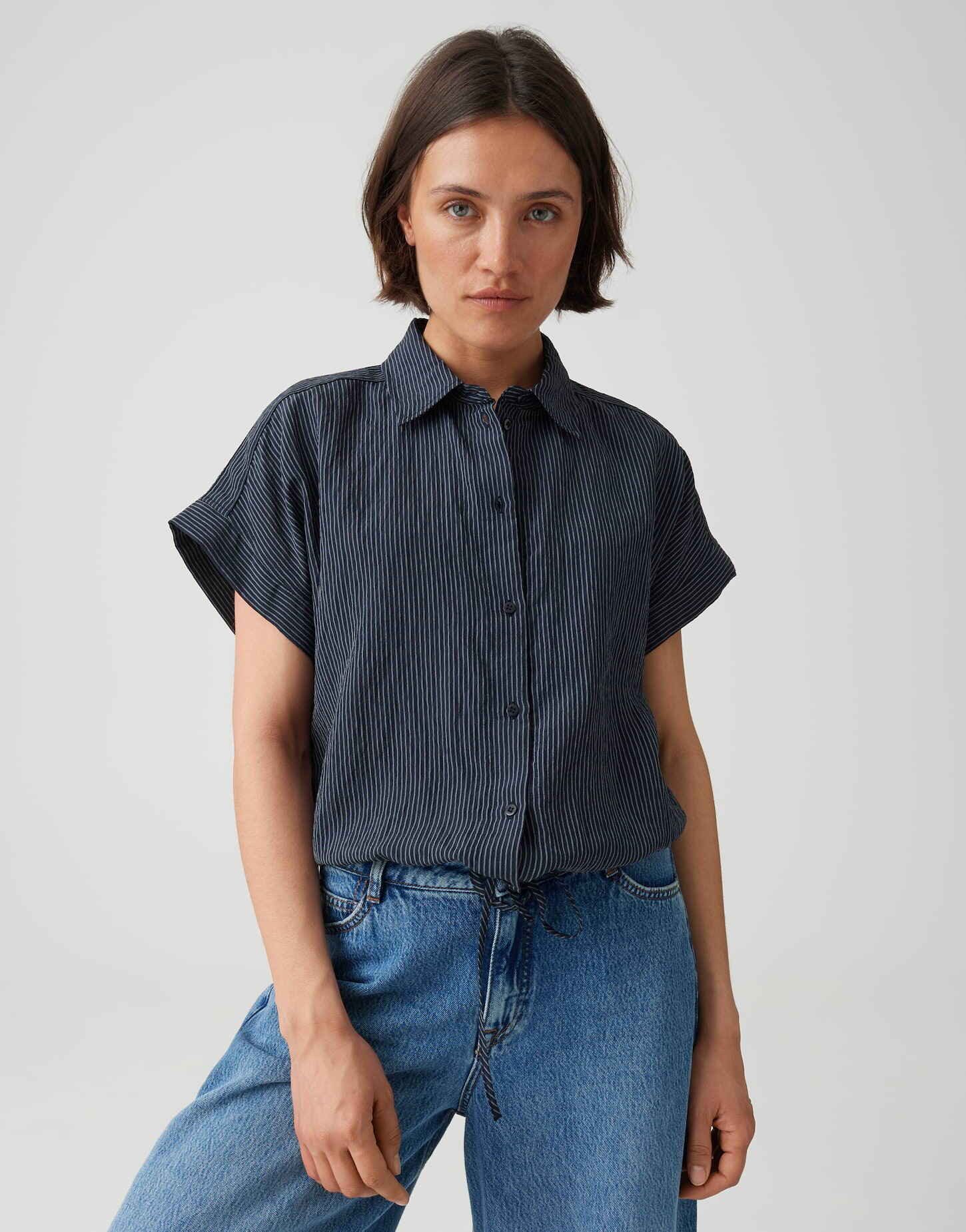 OPUS Kurzarmbluse mit Streifen und Tunnelzug Lässiger Look mit moderner O-Form