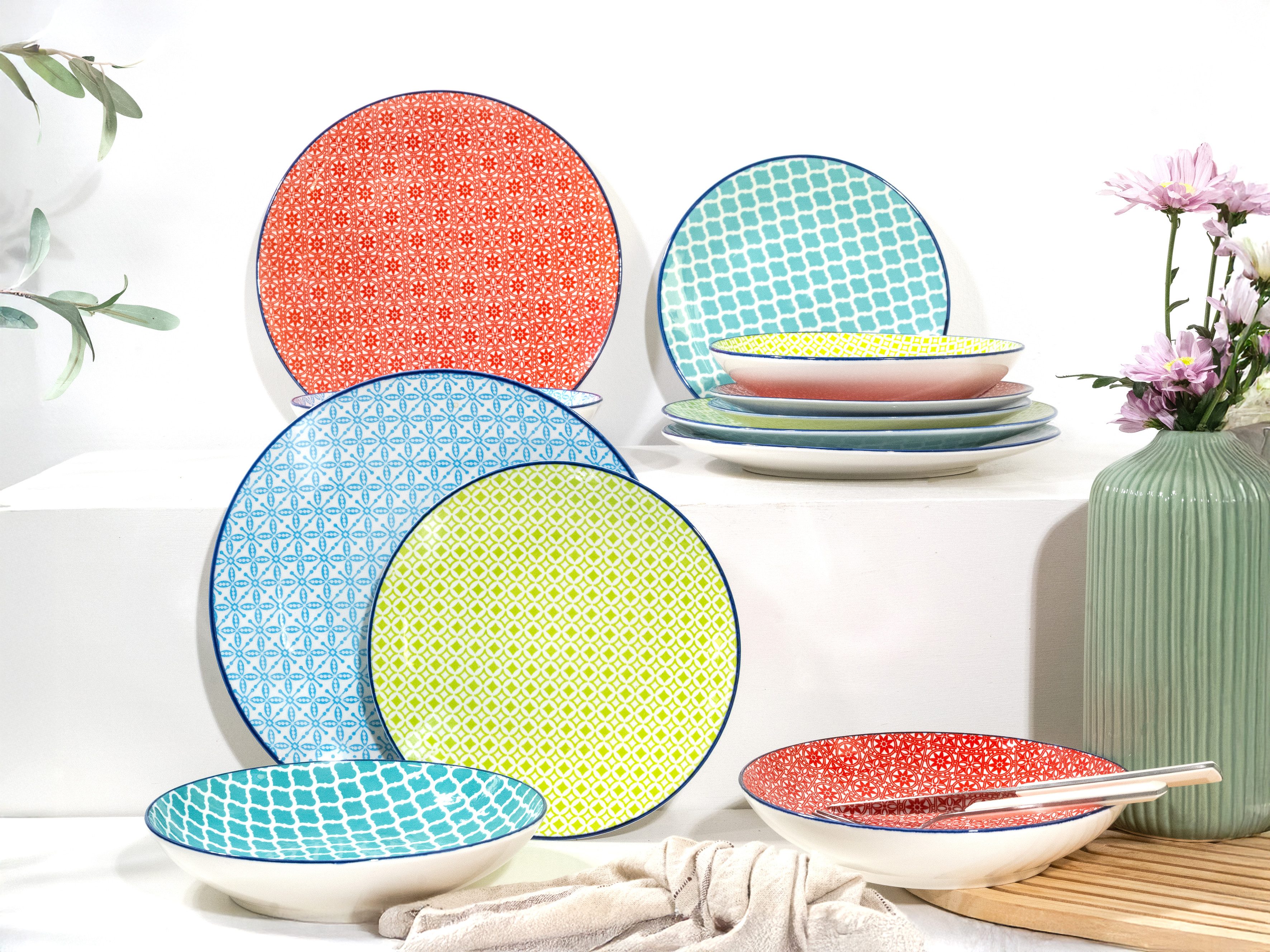 CreaTable Teller-Set Mediterran (12-tlg), 4 Personen, Steinzeug, Teller Set, traditionelle, keramische Motive
