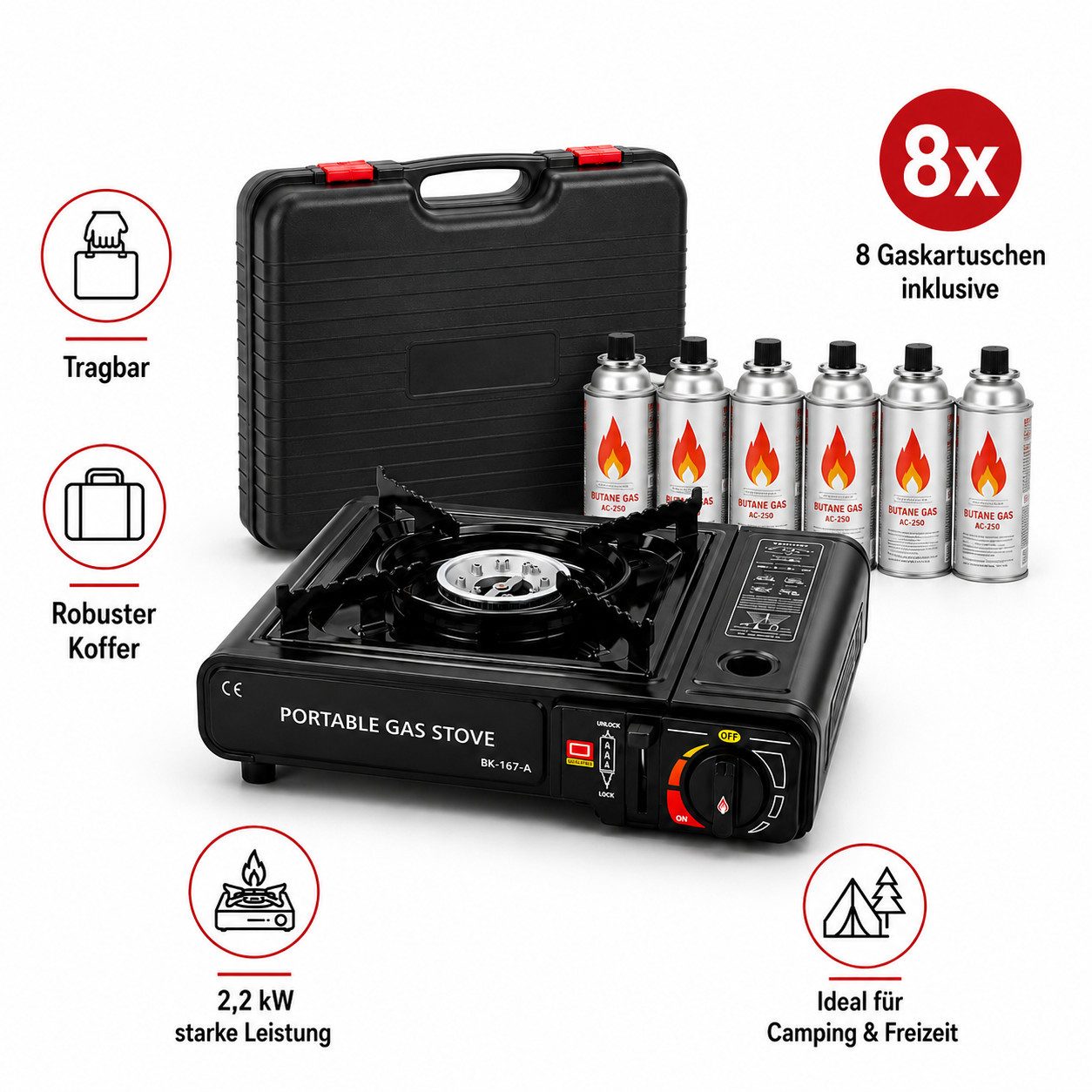 Ertex Gaskocher Campingkocher Gasherd portabel Campingherd mit Koffer & Gaskartuschen