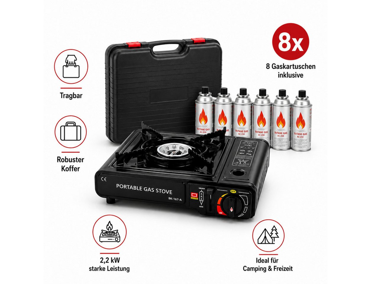 Ertex Gaskocher Campingkocher Gasherd portabel Campingherd mit Koffer & Gaskartuschen