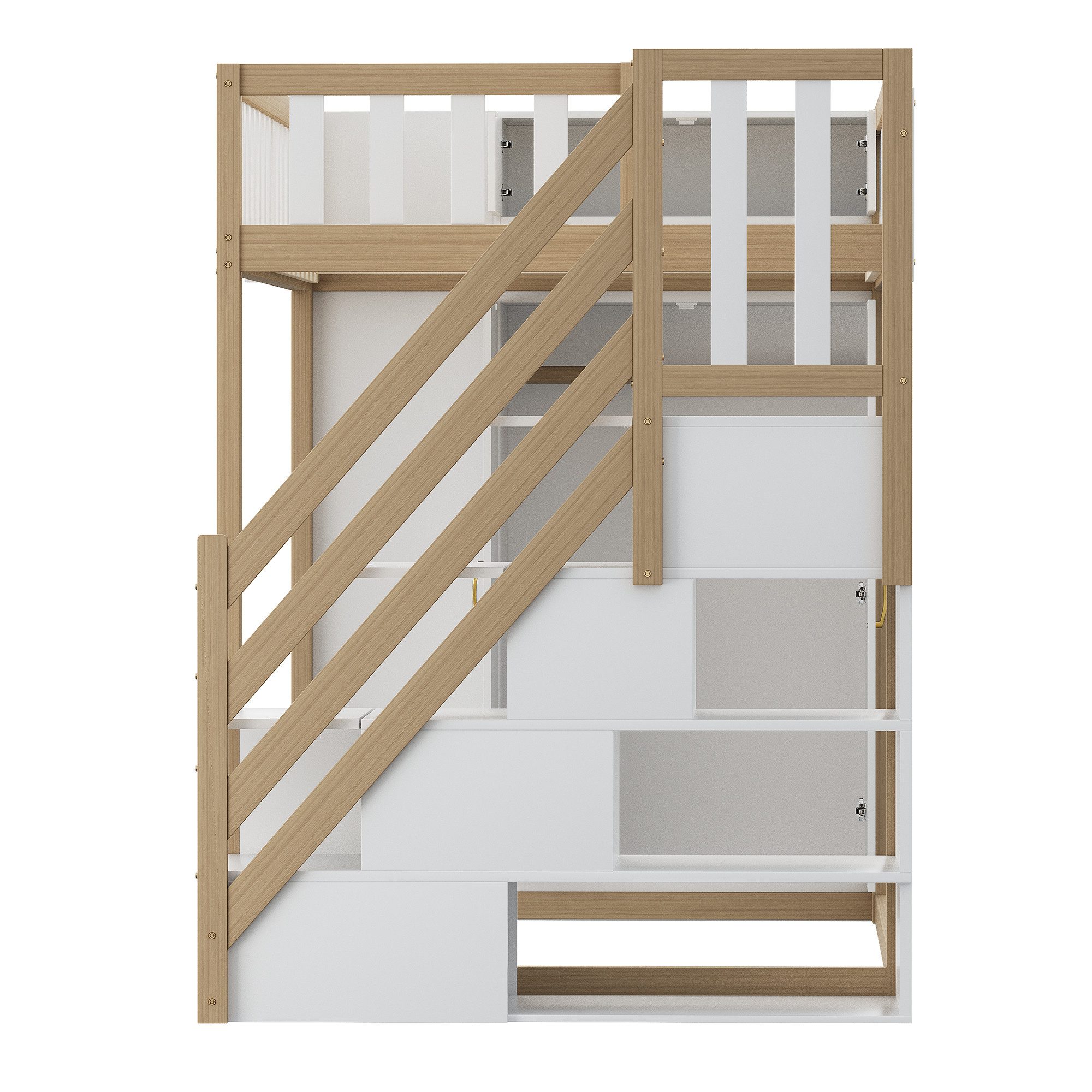 Odikalo Kinderbett Hochbett Jugendbett 90x200 mit Stauraum (Multifunktionales Hochbett 90x200cm mit Regalen, Stauschrank und großem Kleiderschrank, Sicherheitsleiter mit Ablagefächern, Grau + Rohholzfarben)