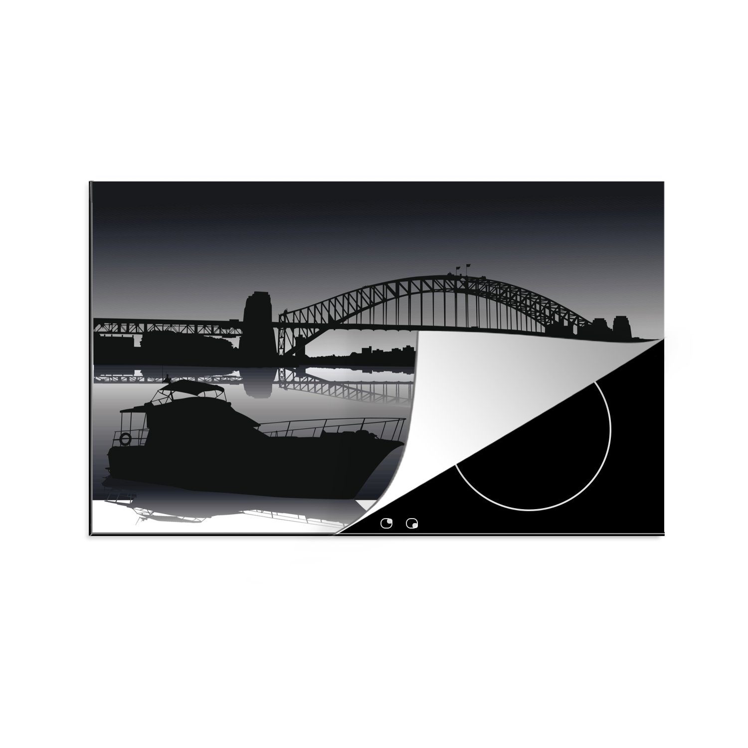 MuchoWow Herdblende-/Abdeckplatte Eine schwarz-weiße Illustration für 83x51 (1 Sydney Arbeitsplatte Vinyl, tlg), cm, Ceranfeldabdeckung, Bridge, der küche Harbour