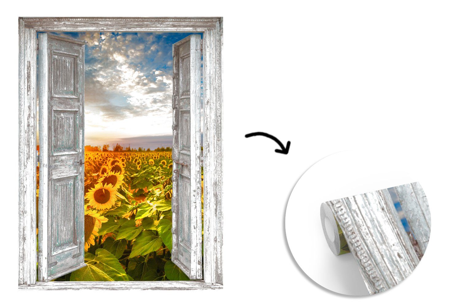 (4 für Montagefertig Tapete Wohnzimmer, Wandtapete Fototapete Transparent - - Blumen - Sonne, Matt, bedruckt, Vinyl St), Sonnenblume MuchoWow