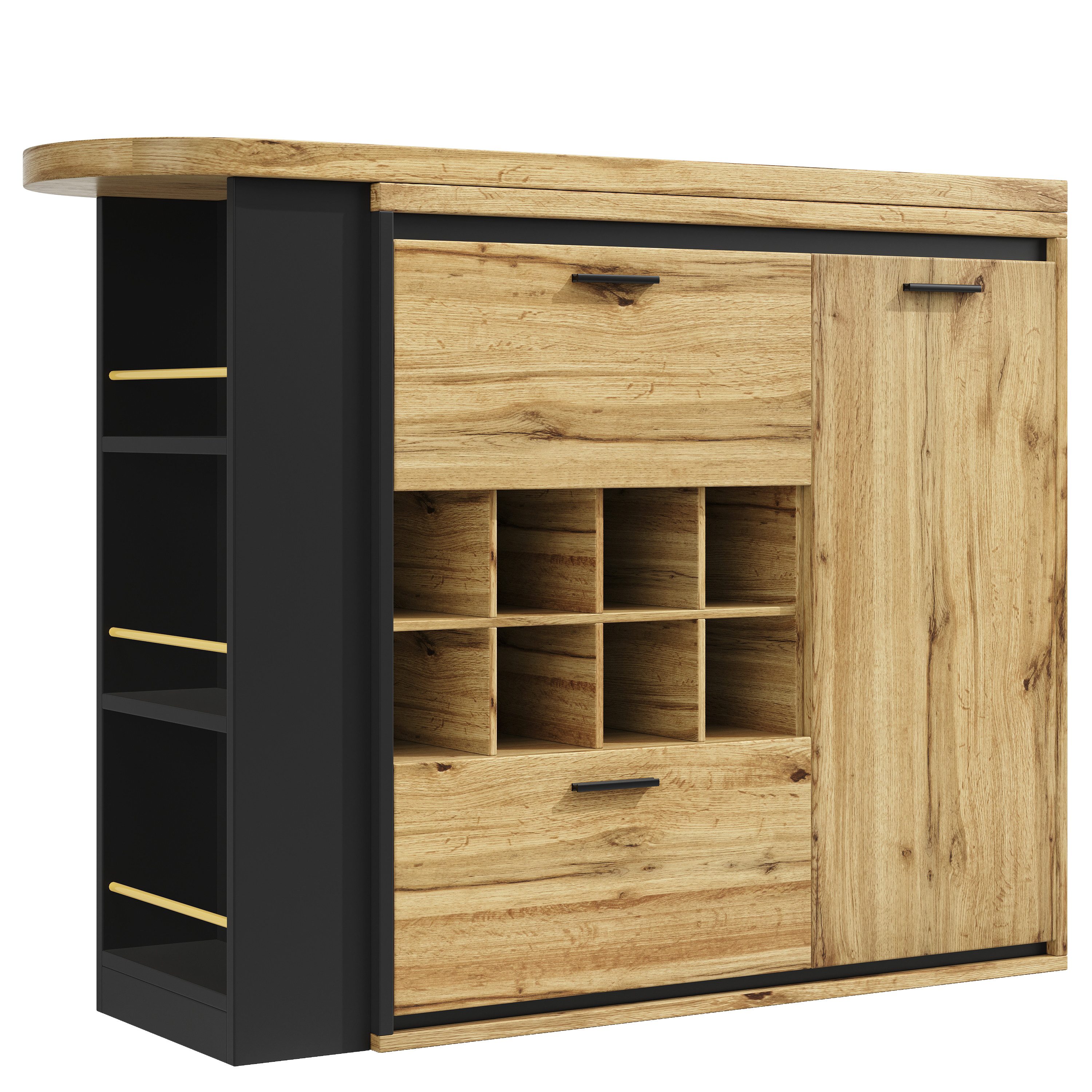 Flieks Bartisch 360° drehbar Esstisch & Mehrzweckschrank mit Weinregal (Set, 2-St., mit verstellbarer Einlegeböden), schwenkbar Tisch mit Ablagen Küchenschrank mit Schubladen Holzoptik