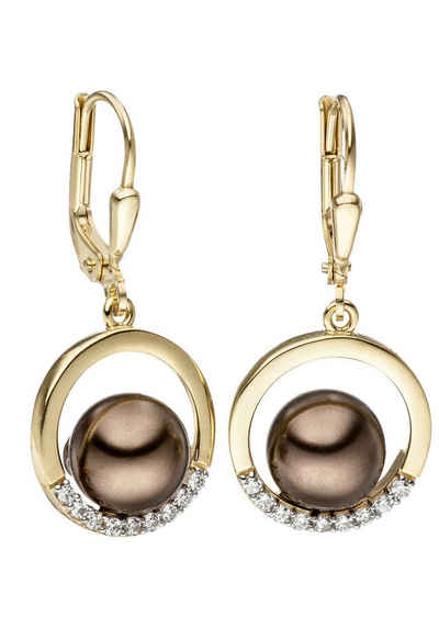 JOBO Perlenohrringe Ohrringe in Bicolor-Optik, 333 Gold synthetischen Perlen und Zirkonia
