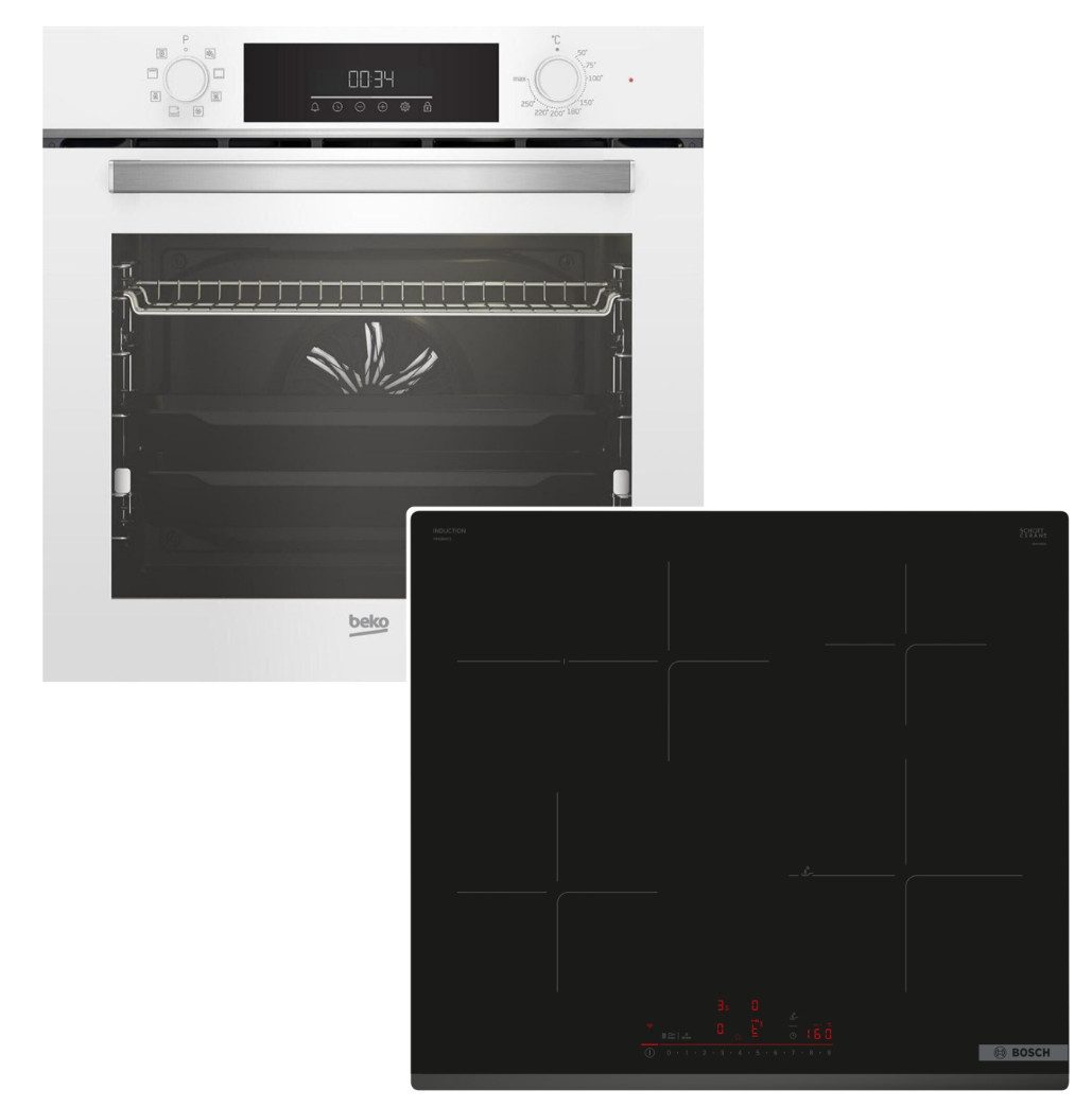BEKO Backofen-Set Backofen SteamShine Teleskopauszug + BOSCH Induktionsfeld PowerBoost, mit 1-fach Teilauszug, Steam Clean