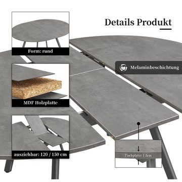 B&D home Esstisch Thoran, Rund, ausziehbar, 120-150cm, Beton