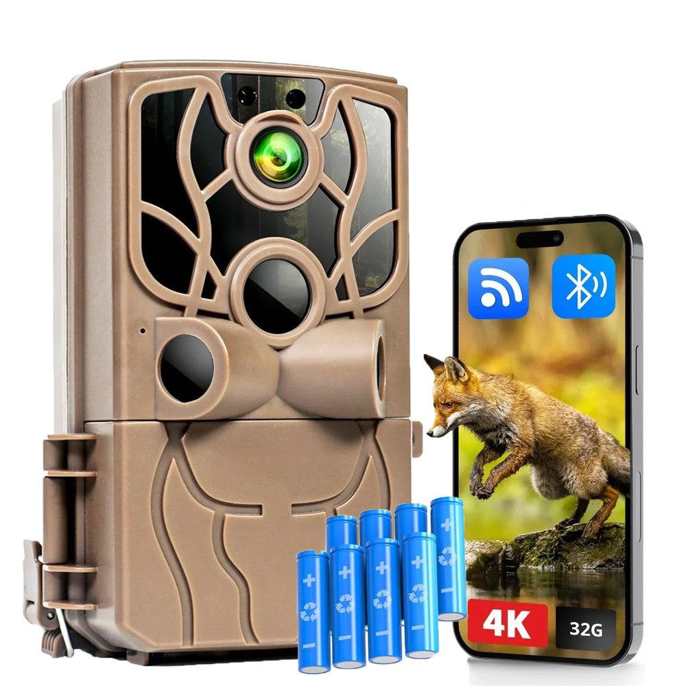 TWUFY Wildkamera Wildkamera mit Handyübertragung APP 4K 48MP HD WLAN Bluetooth (Wild & Jagd, Außenbereich Sicherheit, Überwachung, Außenbereich, Innenbereich, mit 8 AA-Batterien & 32GB Speicherkarte, 2-tlg., Wildkamera mit Bewegungsmelder Nachtsicht 0,3s Auslöser, 120 °Weitwinkel Wildtierkamera IP66 Wasserdicht)