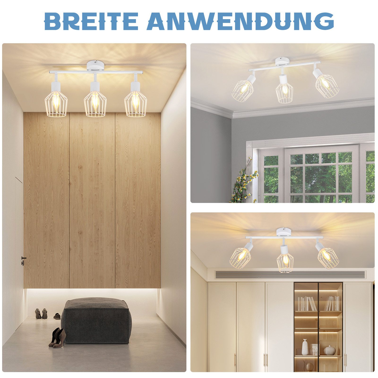 Nettlife Deckenstrahler Vintage Schwarz/Weiß E14 1/2/3/4/6 Flamming Industrial, Drehbar 350°, LED wechselbar, für Flur Küchen Schlafzimmer, Wohnzimmer, Esszimme – Bild 2 von 5