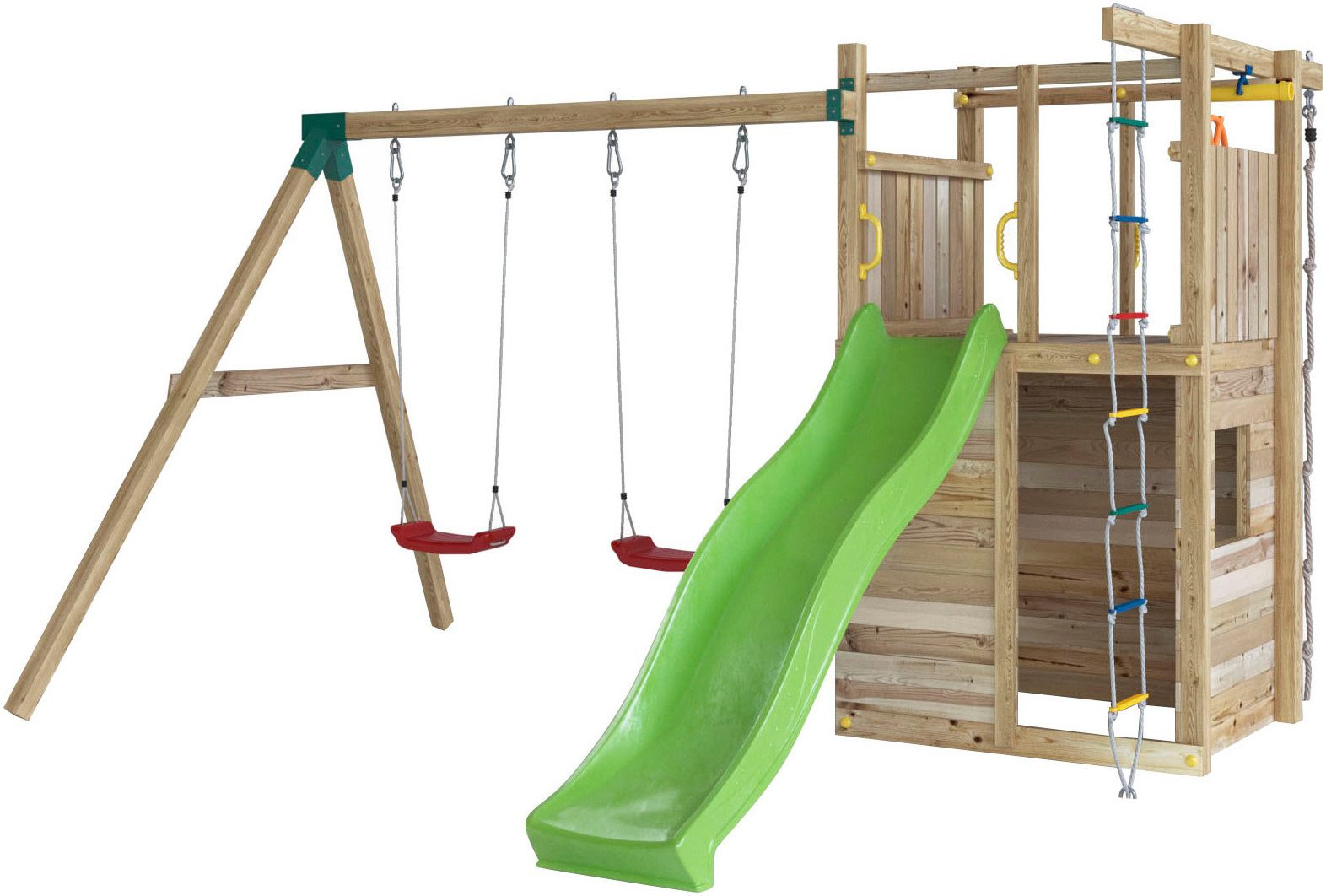 FUNGOO Spielturm HOUSER, mit Rutsche, Schaukeln, Piratenrad und Haus mit Fenster, Made in Europe