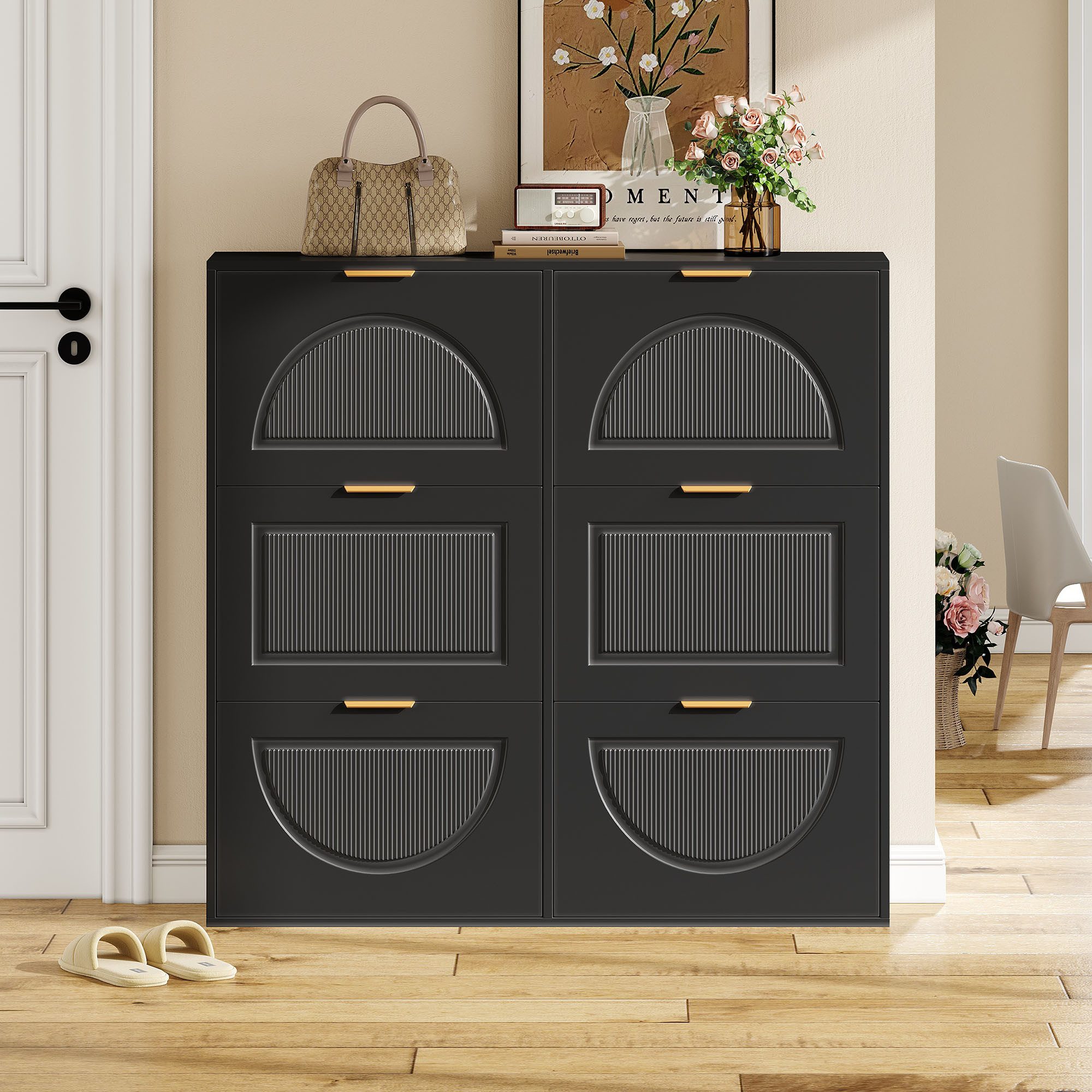 Flieks Schuhschrank (B118/T25/H115 cm, 1-St., ca 24 Paar Schuhe) Schuhregal mit 6 Klappen Schuhkipper Schuhkommode Schwarz